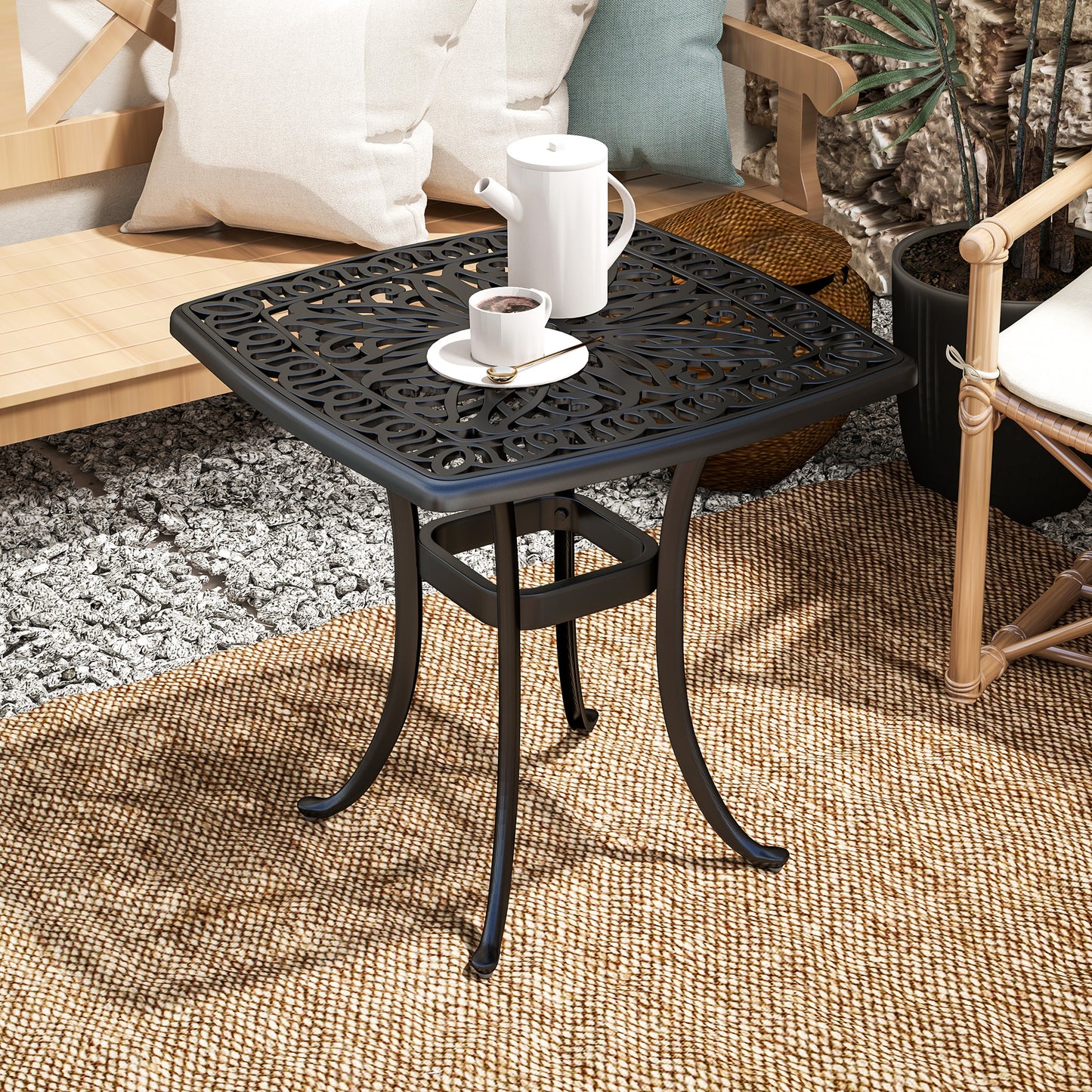 Outsunny Outdoor Cast Aluminium Square End Table With Umbrella Hole And Anti Slip Foot Pads 54x54 cm Black