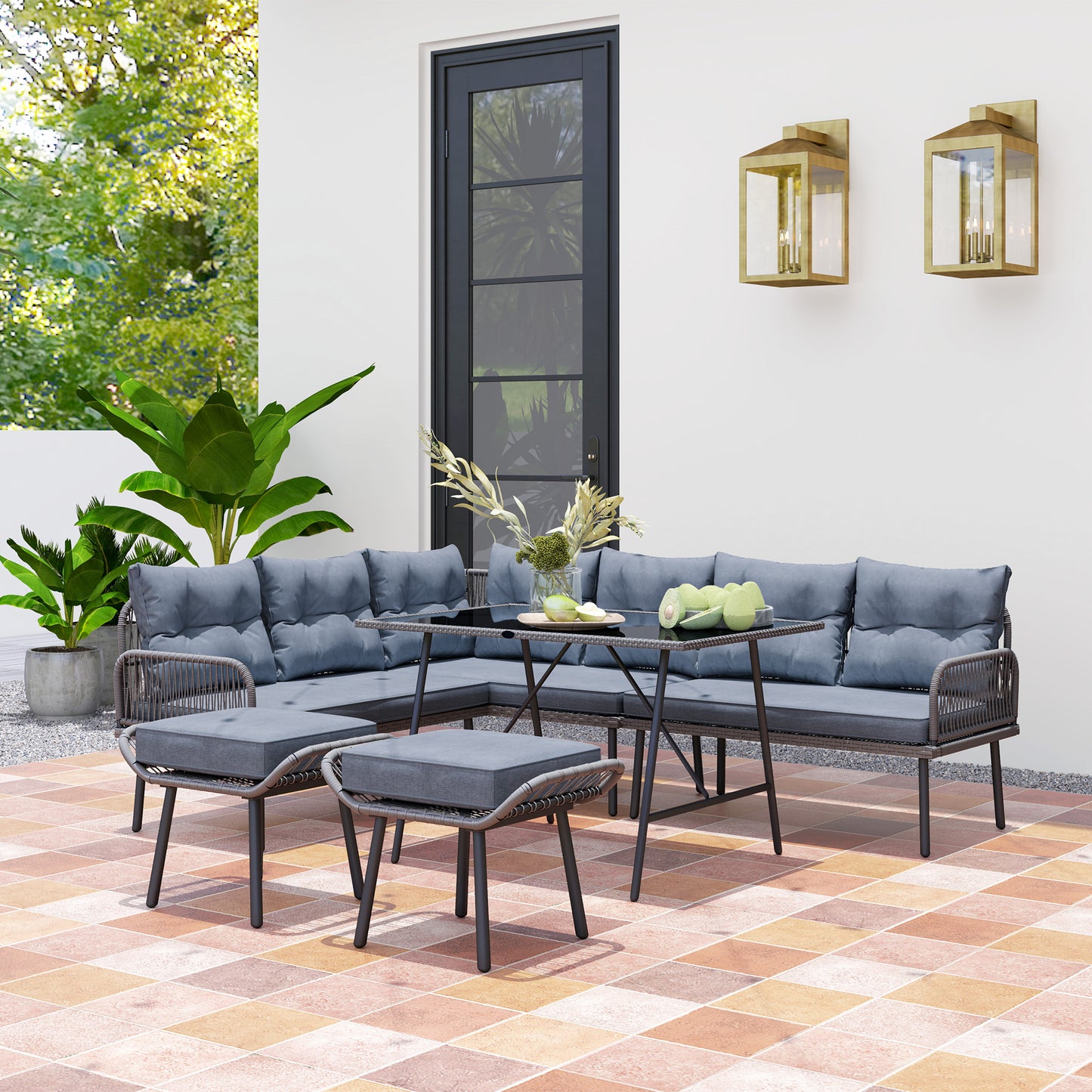 Outsunny 6 Piece Rattan Garden Furniture Set Charcoal Grey 8 Seater Corner Sofa With Cushions Glass Top Table And Stools