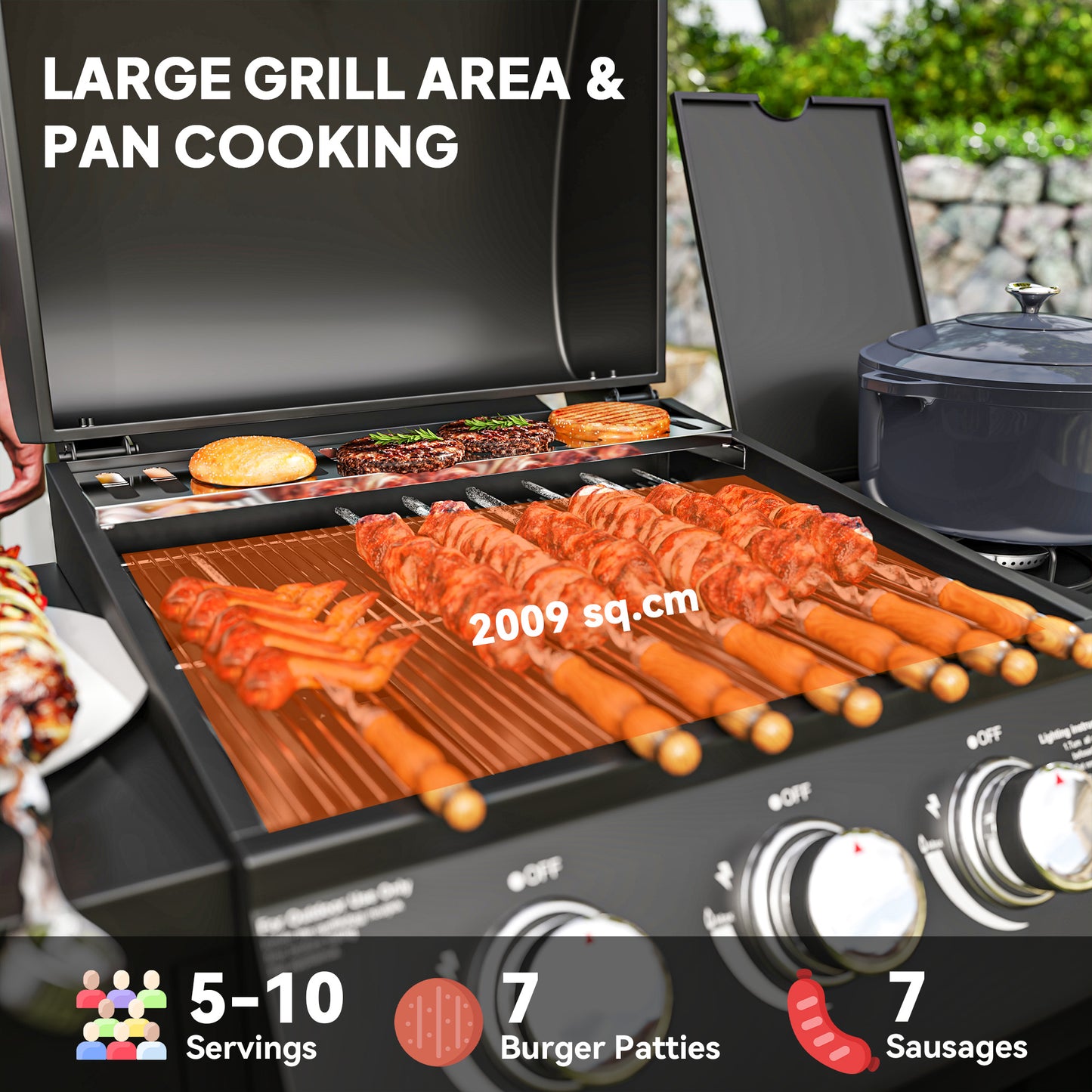 Outsunny 3+1 Burner Gas BBQ Grill With Storage Cabinet And Shelves 9.5 kW Trolley With 6 Castor Wheels