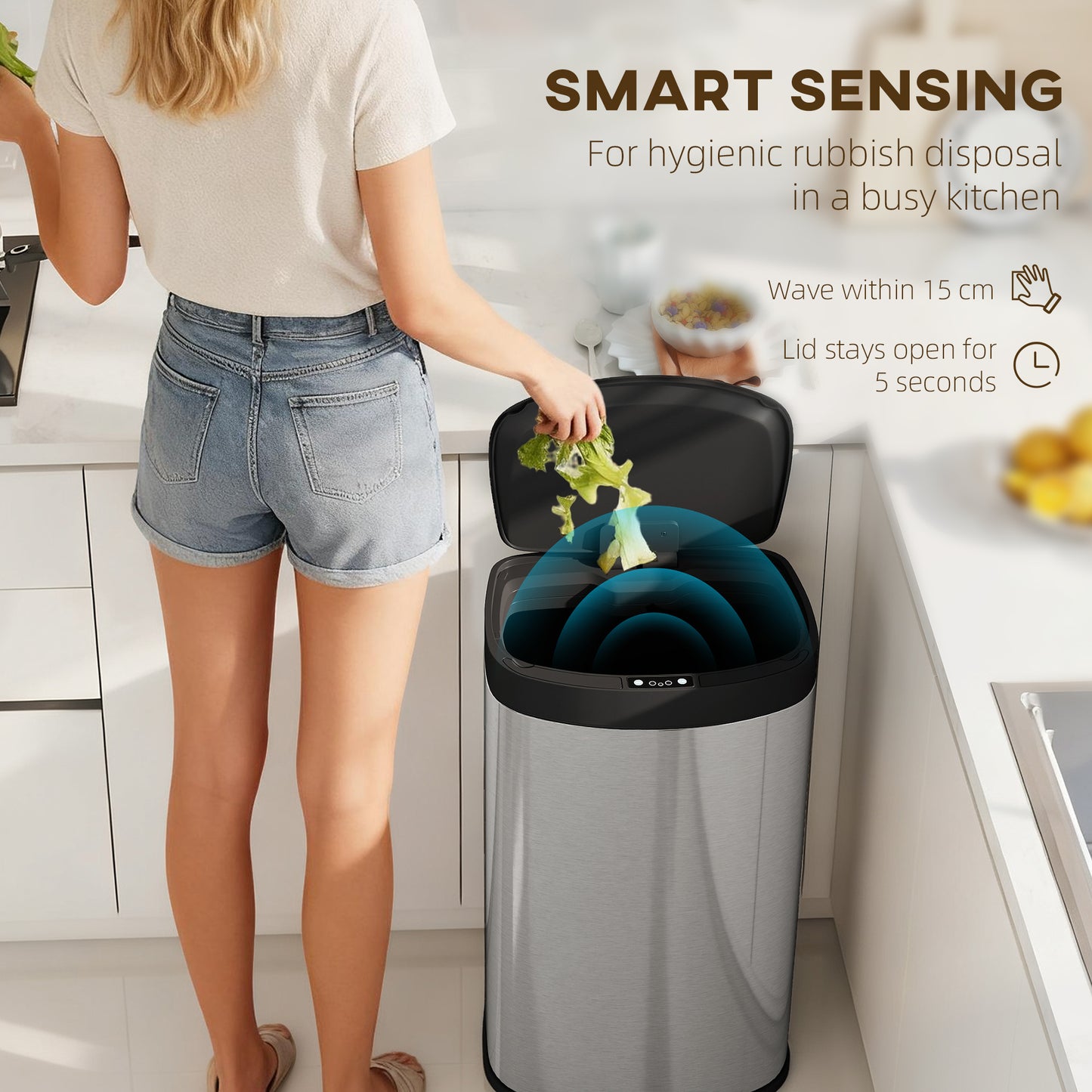 HOMCOM 55L Sensor Trash Can With Soft Close Lid Touchless Motion Stainless Steel Silver