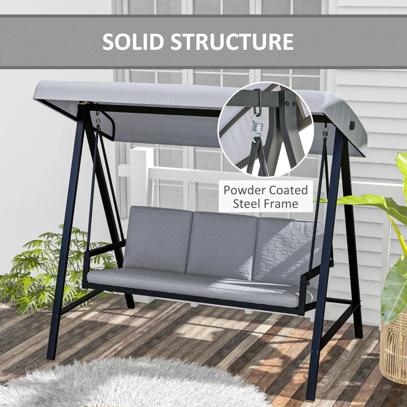 Outsunny Three-Seat Garden Swing Chair with Adjustable Canopy - Grey Patio Swing Bench for Outdoor Relaxation - ALL4U RETAILER LTD