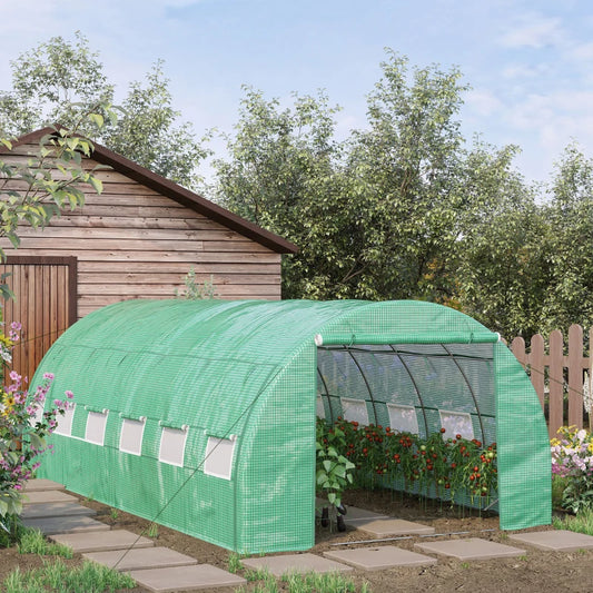 Outsunny Polytunnel Greenhouse 6x3x2m Walk-in Grow House Tent with Roll-up Sidewalls, Zipped Door, 12 Windows - Green