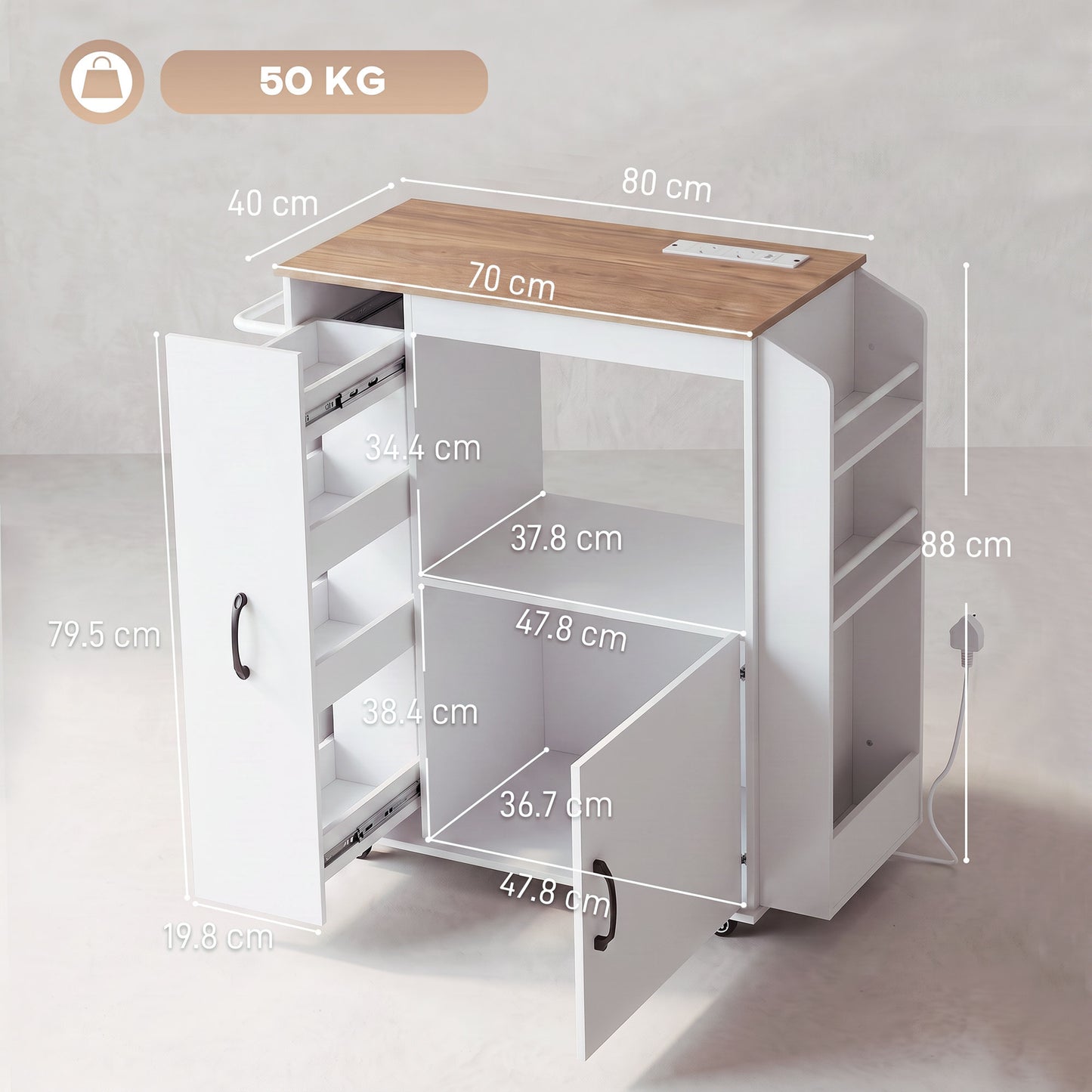 HOMCOM Rolling Kitchen Island Cart With Power Outlet And Pull Out Drawer