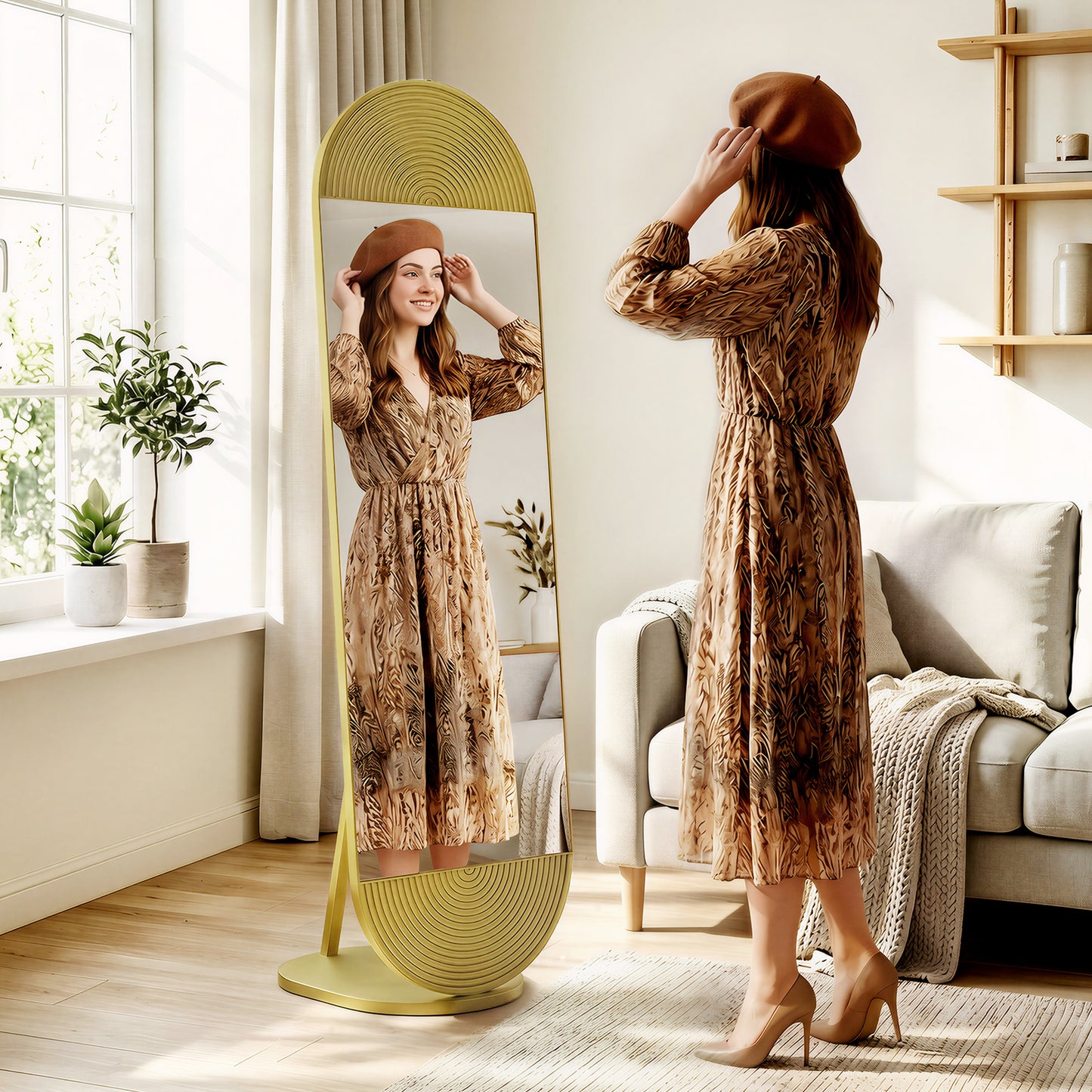 HOMCOM 161 Cm Wavy Full Length Mirror Free Standing Gold Tone Metal Frame With Solid Base