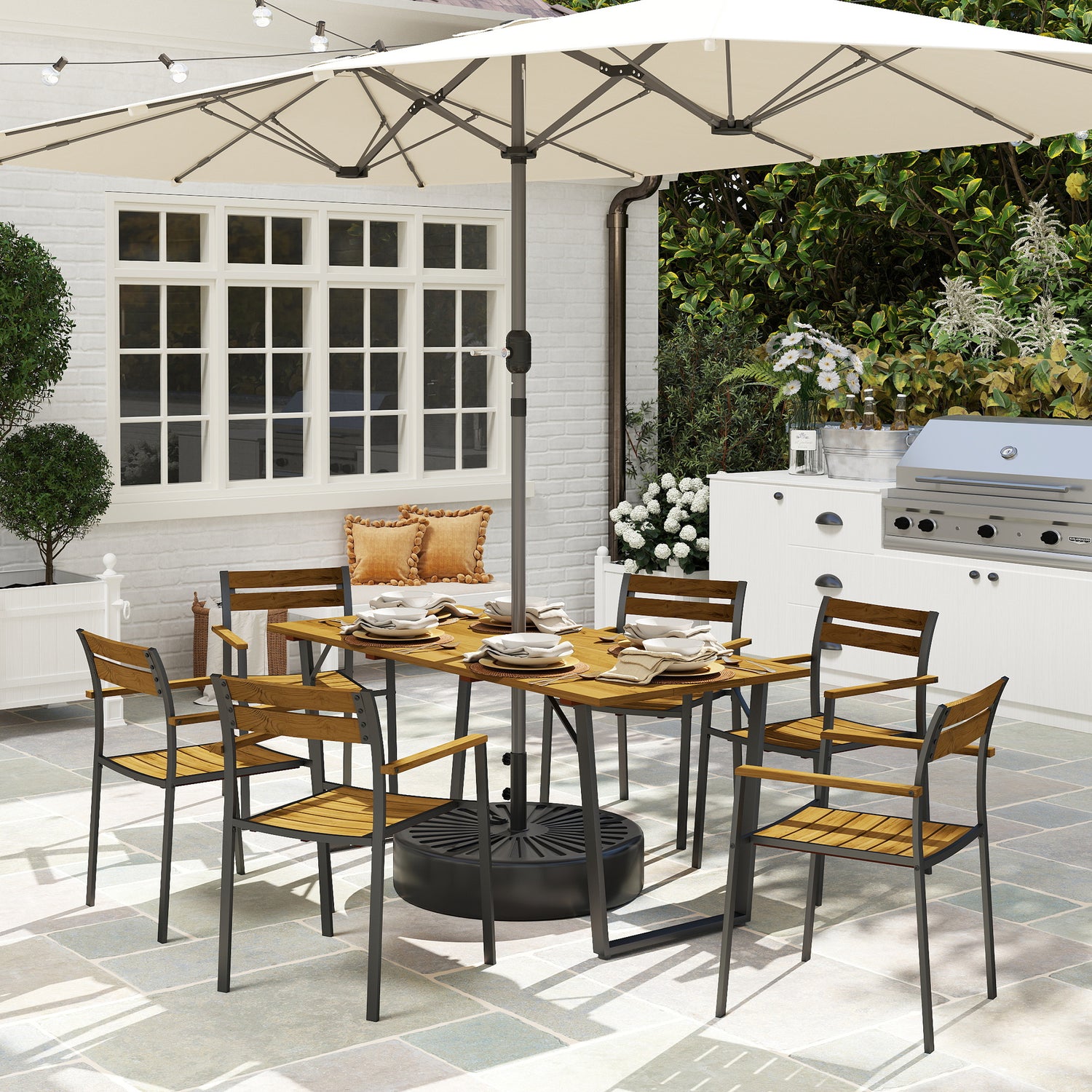 Outdoor dining table with slatted wood top and six stacking chairs, brown with black frames