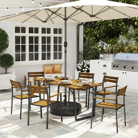 Outsunny Seven Piece Wood Panel Patio Dining Set With Table And Six Stacking Chairs Brown Black