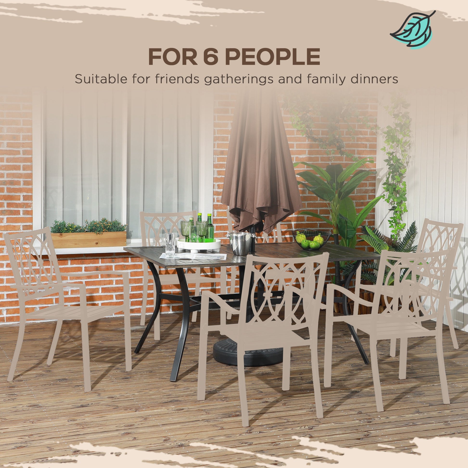 Outsunny Rustic Steel Garden Dining Table for Six with Parasol Hole - Durable Wood-Effect Finish - ALL4U RETAILER LTD