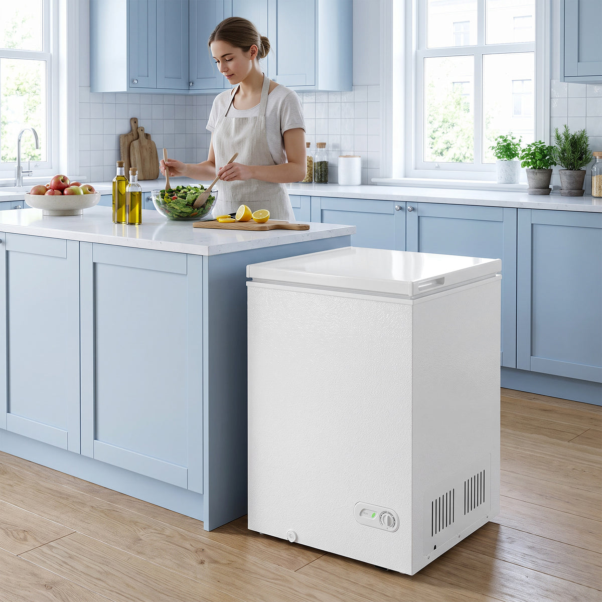 White chest freezer with open top lid in kitchen, interior compartment visible