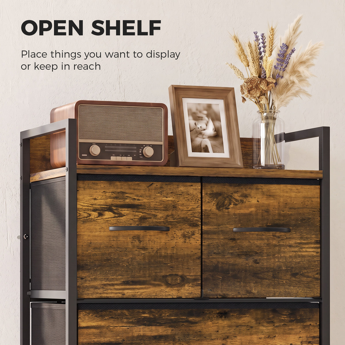 Rustic brown dresser with open shelf top and two fabric drawers with metal handles