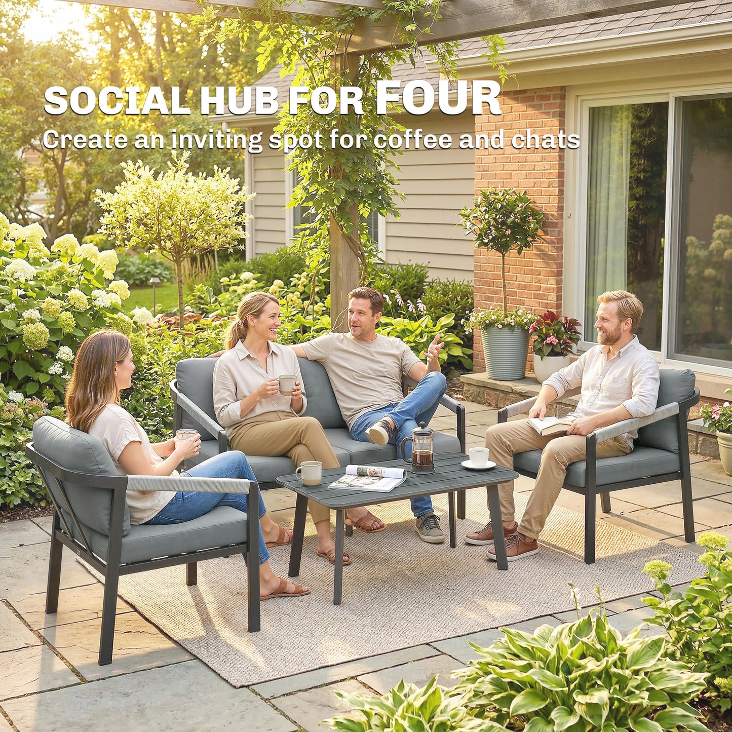 Outsunny Aluminium Garden Furniture Set 4 Seater Outdoor Patio Sofa Set With Loveseat And 2 Armchairs Slatted Table
