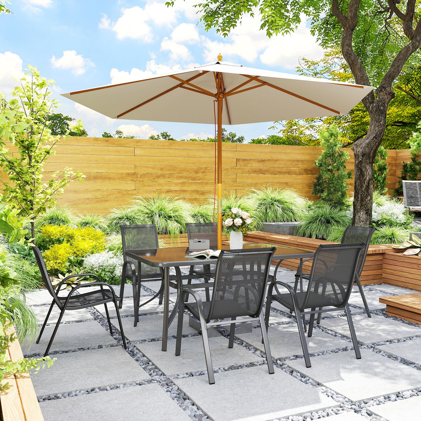 Outsunny Seven Piece Outdoor Dining Set Charcoal Grey With Round Glass Top Table Umbrella Hole Rust Resistant