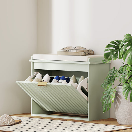 HOMCOM Elegant Six Shoe Bench With Top Seat And Flip Drawer Green Linen Feel Cushioned Entryway Bench