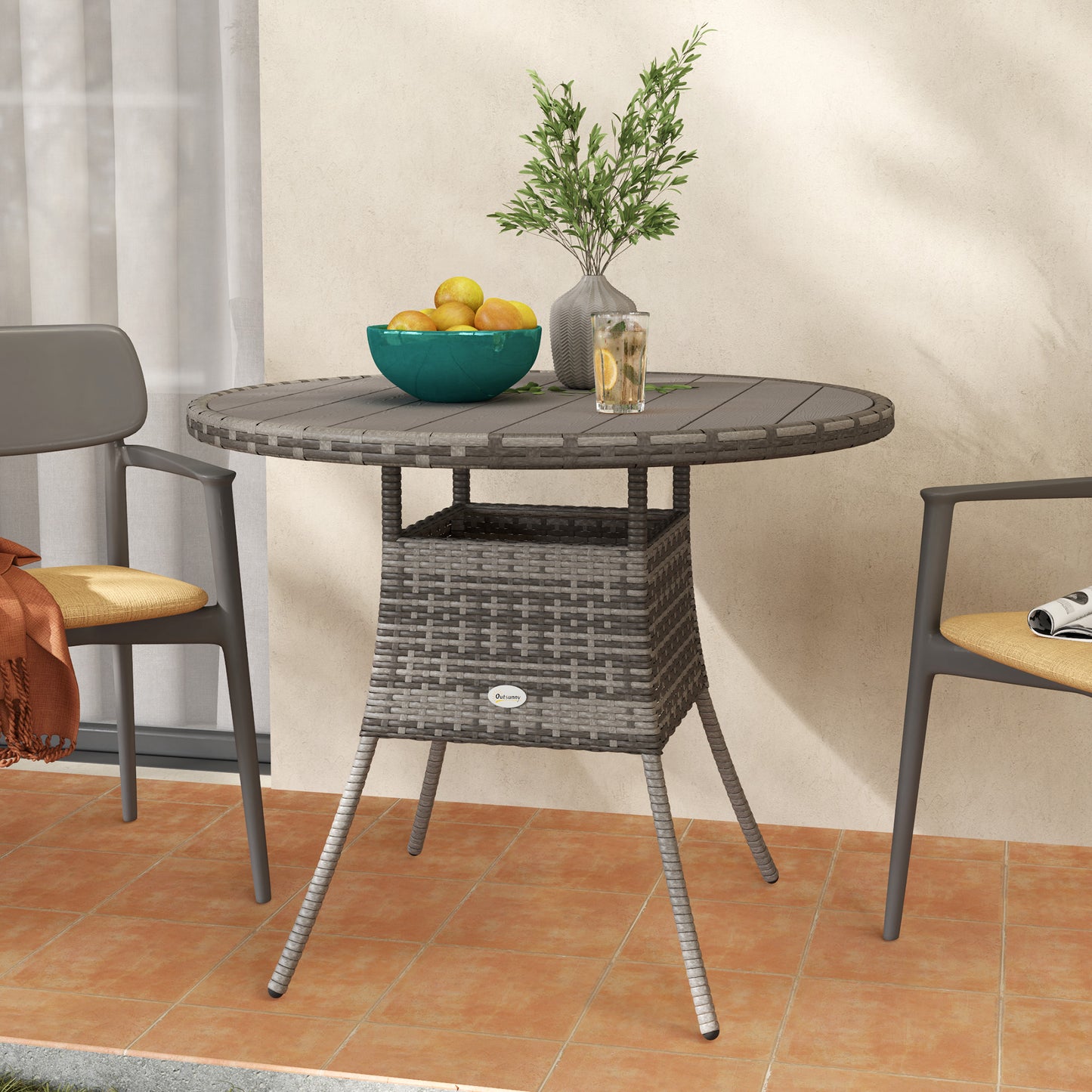 Outsunny 90 cm Wood Effect Rattan Garden Table With Galvanised Steel Frame Grey Outdoor Patio Furniture