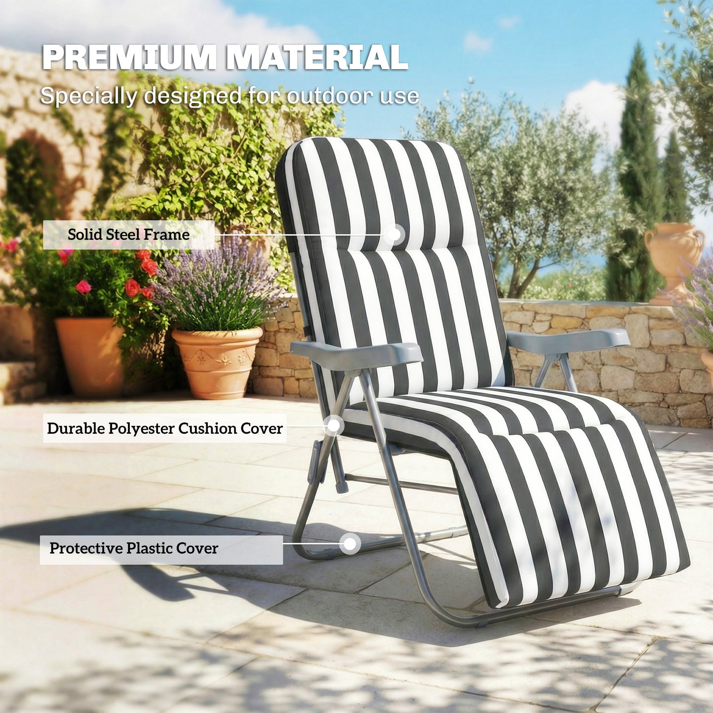 Outsunny Set of 2 Foldable Patio Sun Loungers with Adjustable Backrest and Cushions Grey and White