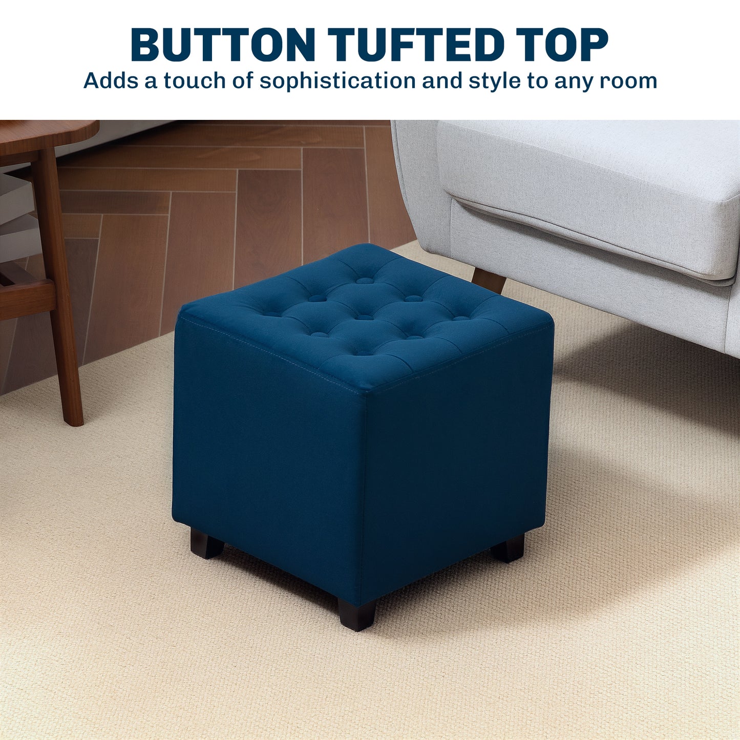 HOMCOM Velvet Feel Square Ottoman Blue 35x35cm Lightweight Pouffe Stool For Extra Seating And Footrest