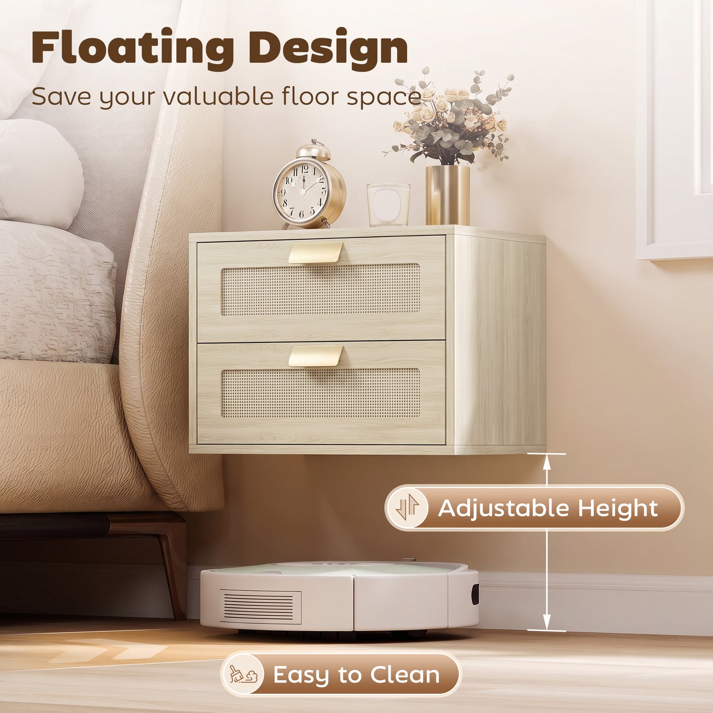 Modern Wall Mounted Floating Nightstand With 2 Drawers In Oak Set