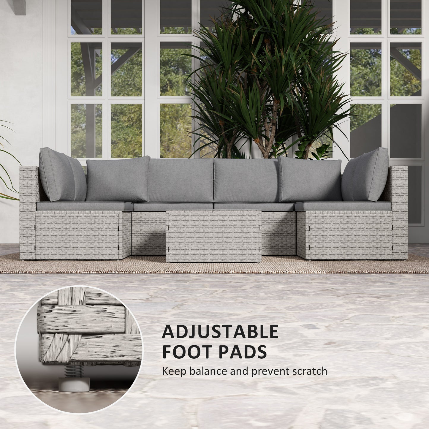 Outsunny Seven Piece Modular Rattan Set Grey For Outdoor Garden Balcony With Corner Chairs And Table Steel Frame