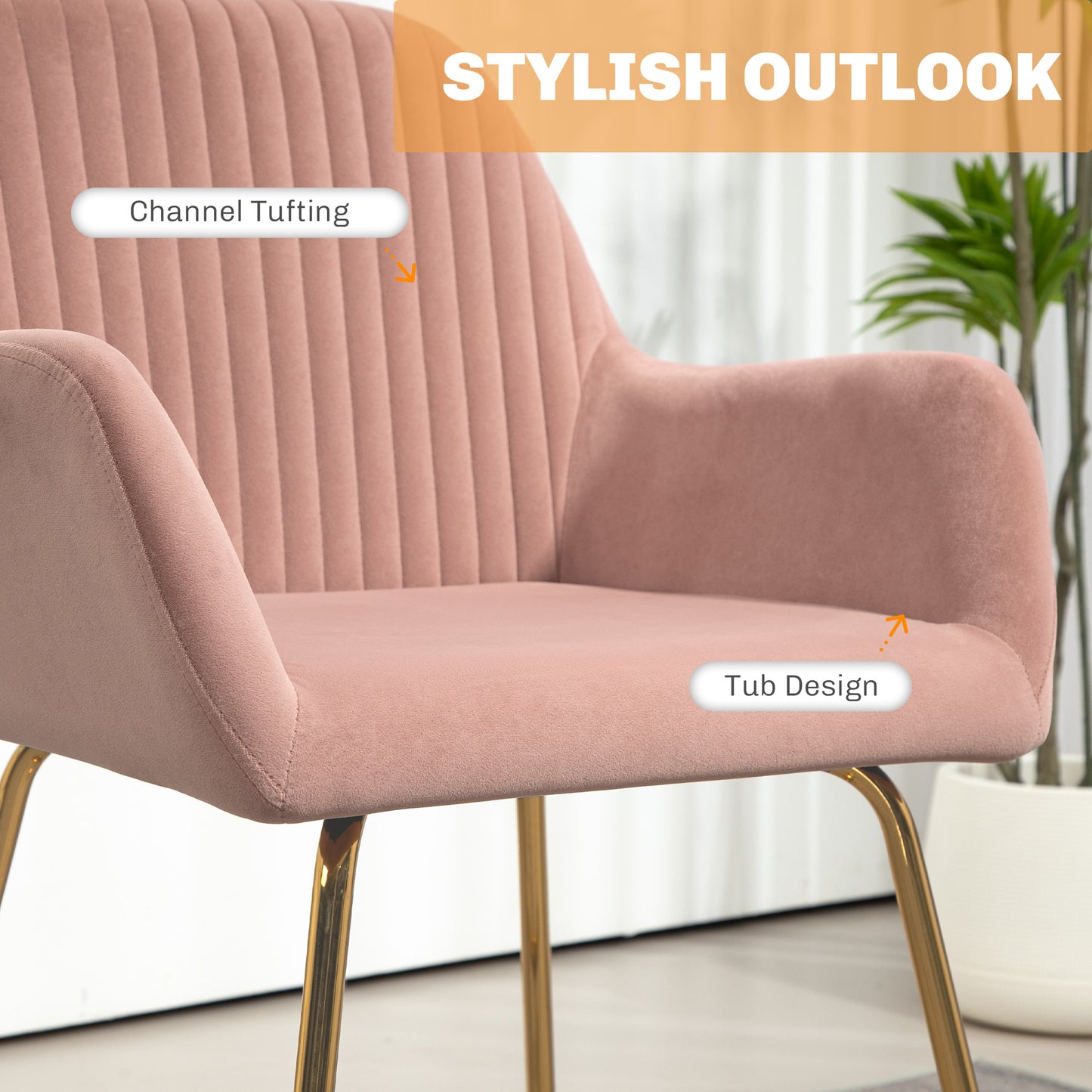 HOMCOM Modern Arm Chair Set Of 2 Upholstered Accent Chair With Metal Base In Pink For Living Room