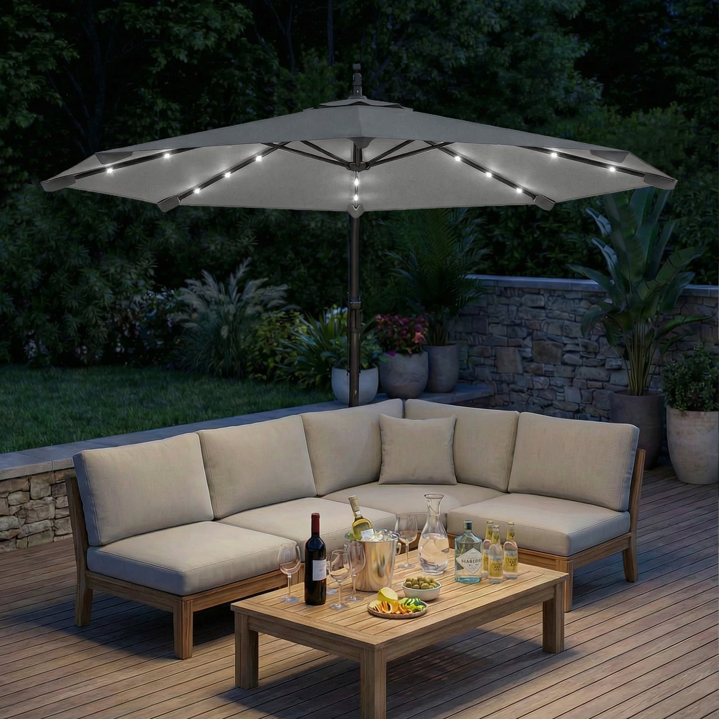 Outsunny 3m Cantilever Parasol With Solar LED Lights Garden Umbrella Cross Base Light Grey
