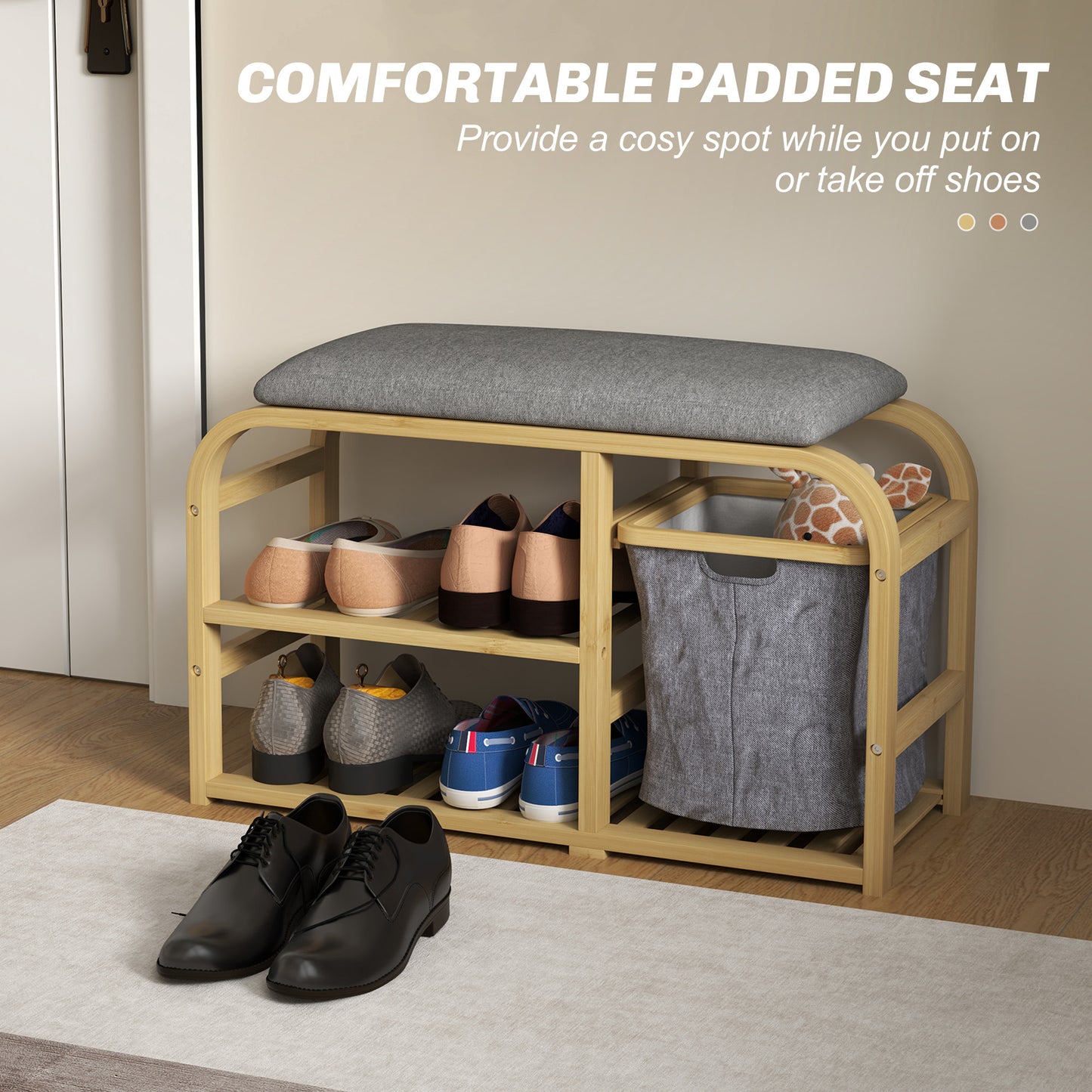 HOMCOM Bamboo Shoe Storage Bench With Cushioned Seat And Linen Fabric Upholstery Nature Wood Finish