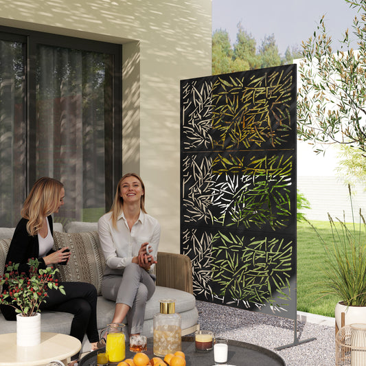 Outsunny 6.5FT Freestanding Garden Privacy Screen With Stand Expansion Screws Bamboo Style Metal Panel Black