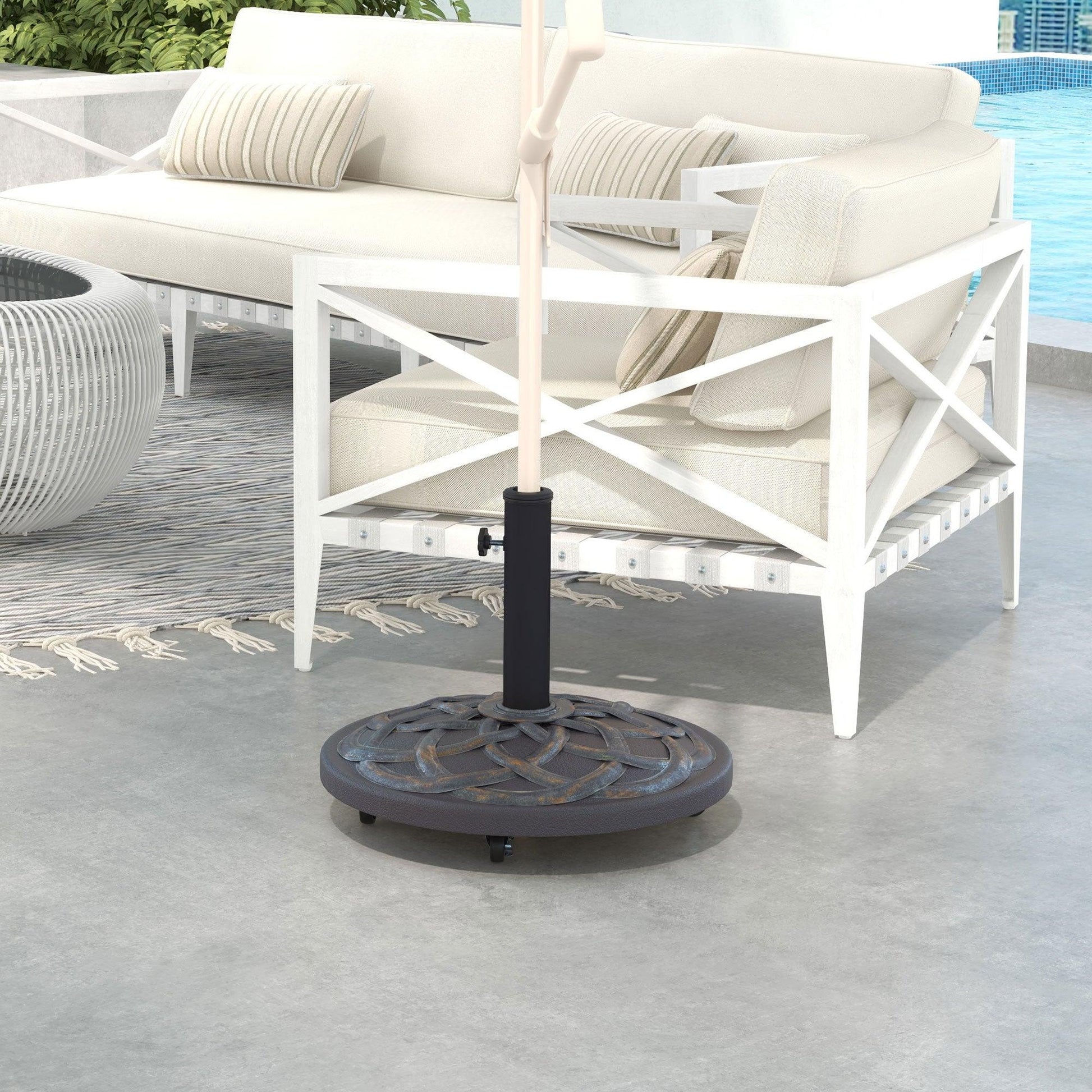 Outsunny 27kg Rolling Parasol Base with Wheels, Heavy Duty Concrete Umbrella Stand with Decorative Base, Bronze Tone - ALL4U RETAILER LTD