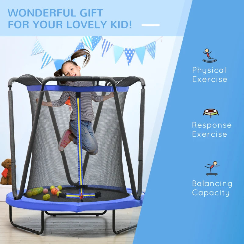 ZONEKIZ 4.6FT Kids Trampoline with Enclosure, Basketball Hoop, Sea Balls - Blue | Suitable for Ages 3-10 Years - ALL4U RETAILER LTD