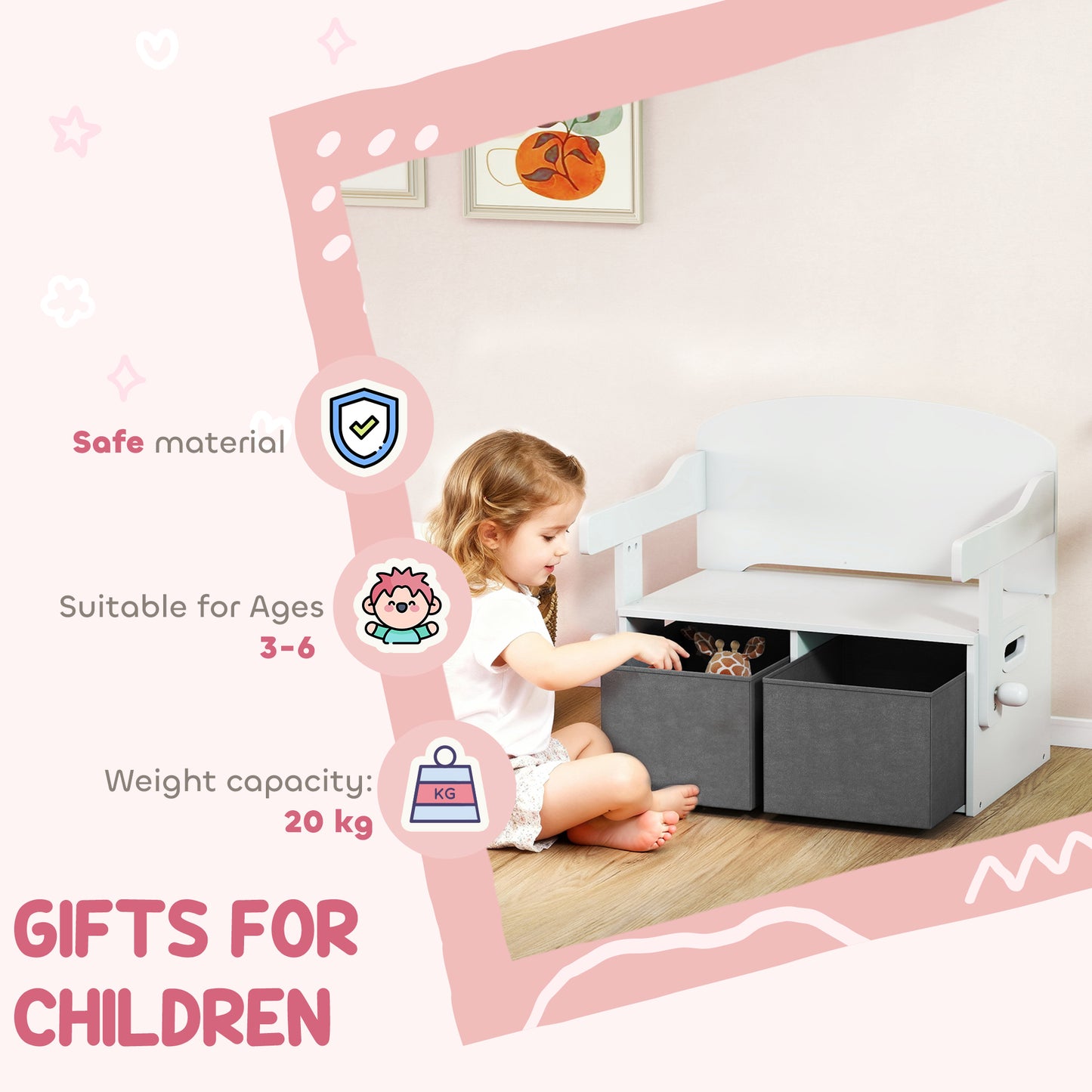 AIYAPLAY 3 In 1 Kids Storage Bench Table And Chair Set With 2 Fabric Bins Toy Storage Box White