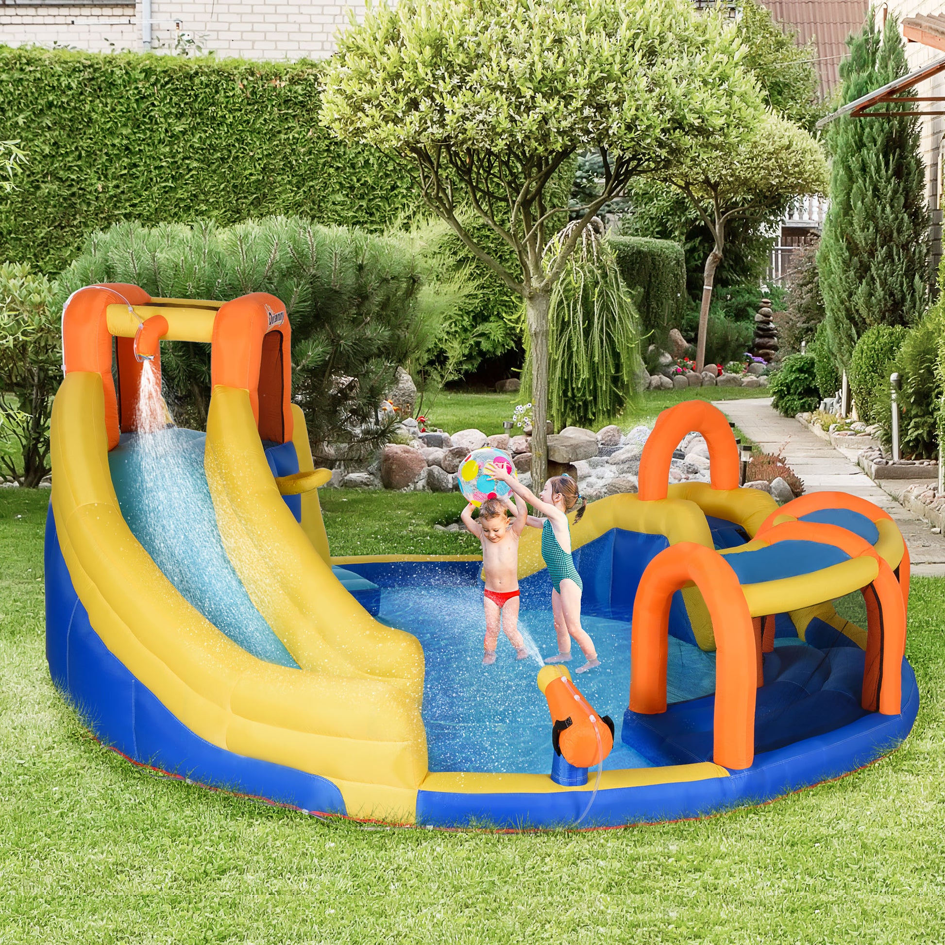 Outsunny 5-in-1 Kids Inflatable Funhouse with Slide, Water Pool, and Climbing Wall - Large Bouncy Castle for Outdoor Play, Includes 750W Inflator and Carry Bag - ALL4U RETAILER LTD