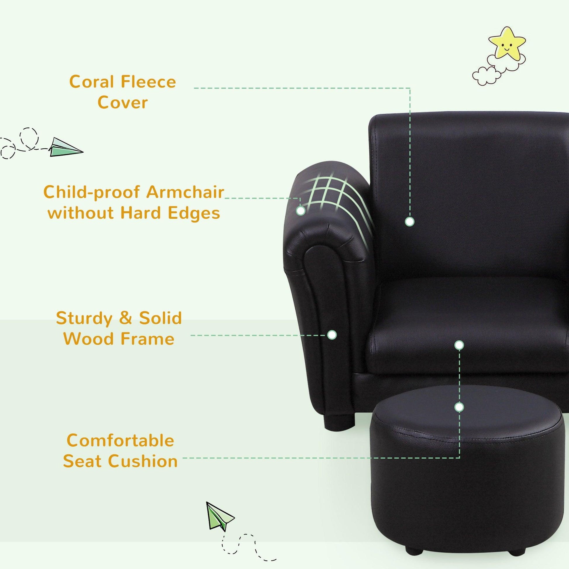 HOMCOM Kids Sofa Chair Set Armchair Seating Seat Bedroom Playroom Stool Black - ALL4U RETAILER LTD