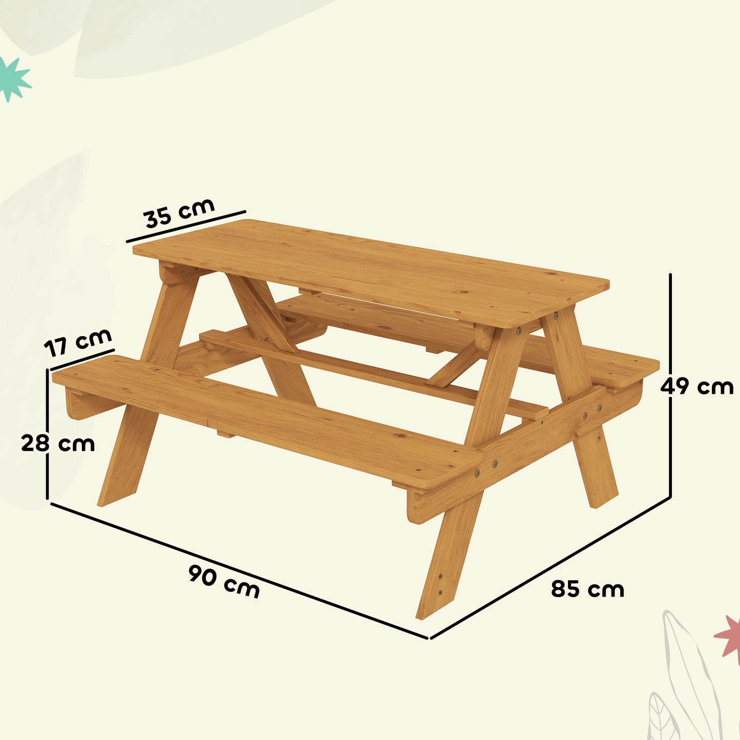 AIYAPLAY Kids Outdoor Picnic Table And Integrated Benches In Solid Fir Wood Natural Finish For Stable A Frame Design
