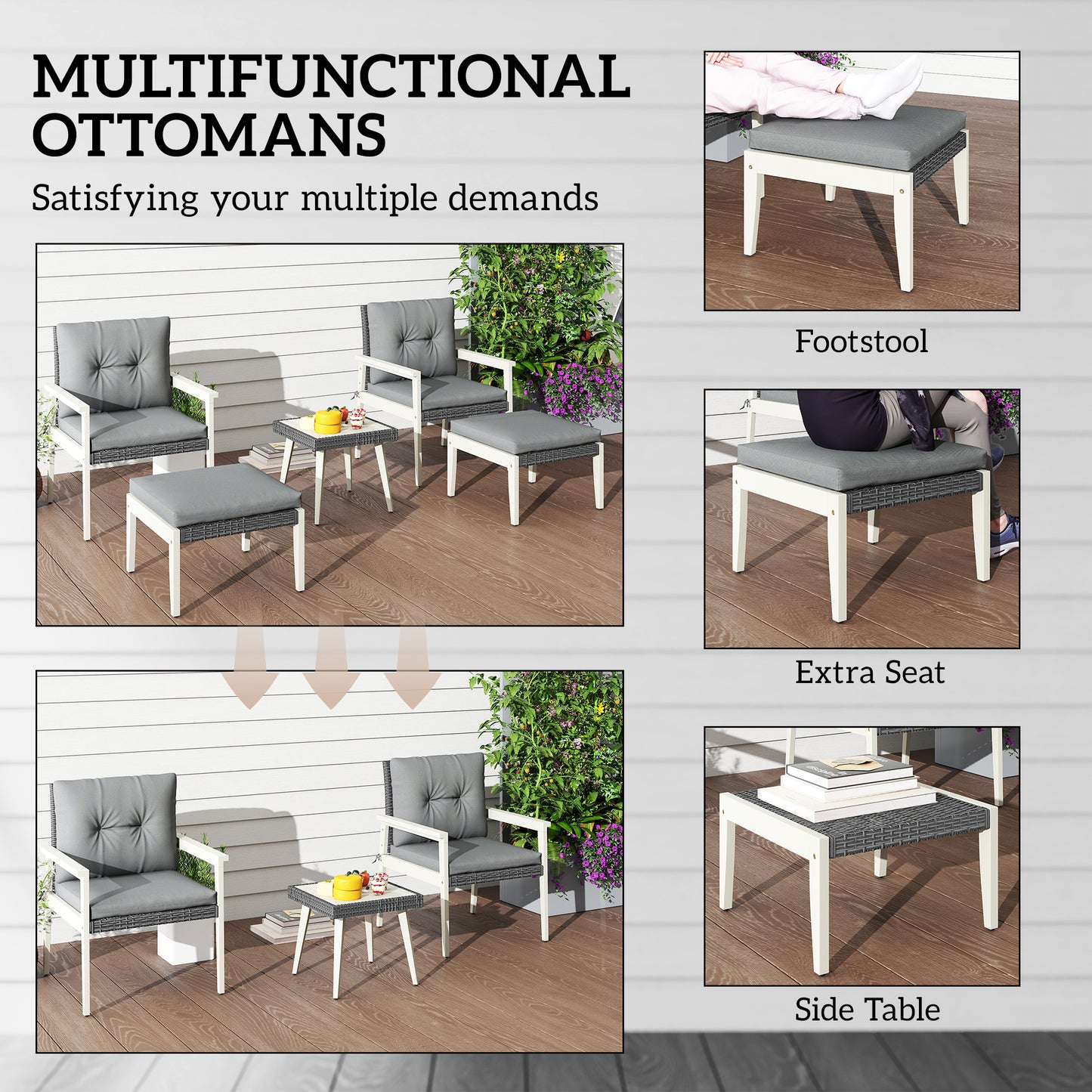 Outsunny Five Piece Rattan Patio Set With Acacia Wood Top Table Grey Outdoor Furniture