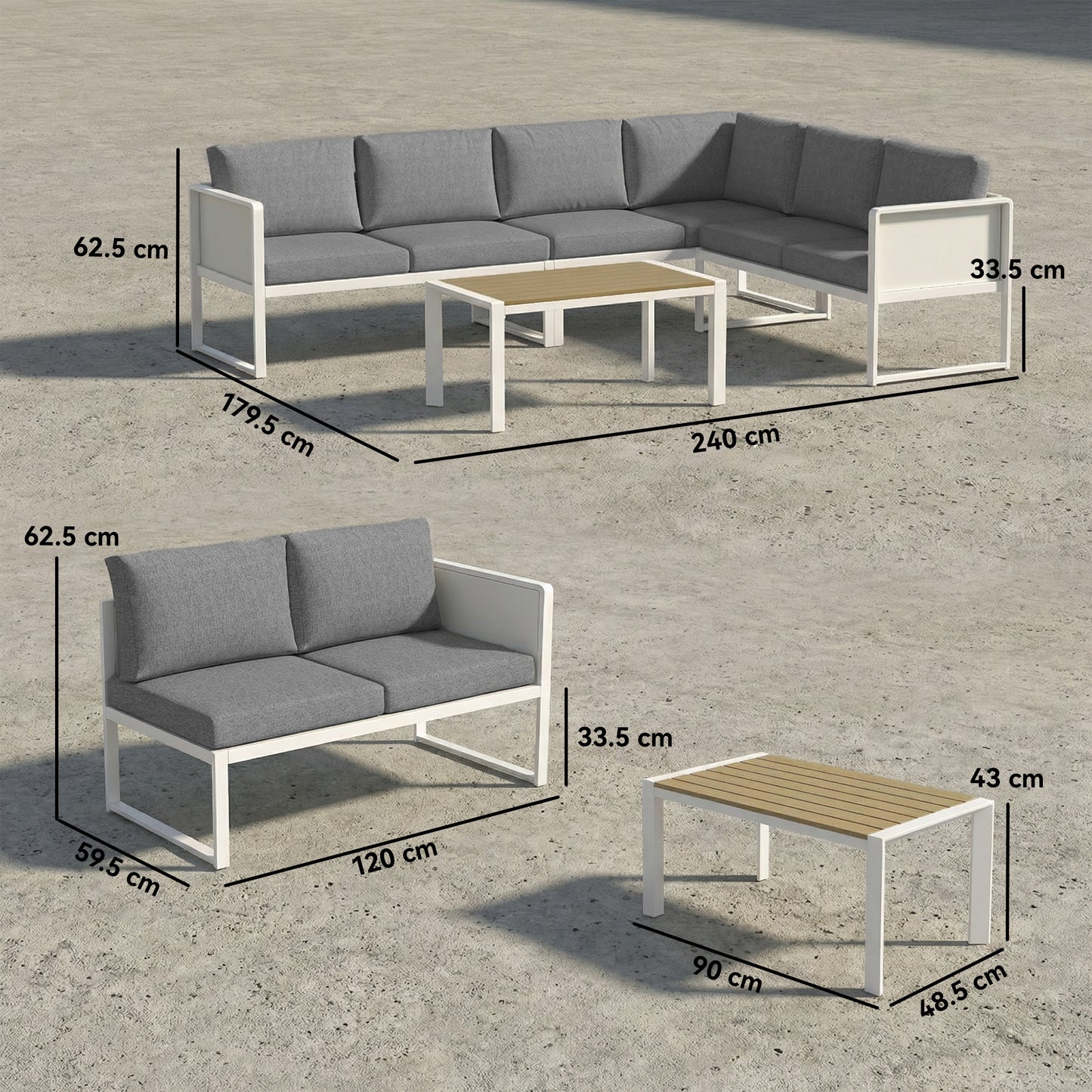 Outsunny 6 Seater Metal Garden Furniture Corner Sofa Set With 3 Loveseats Faux Wood Table Texteline Seat Cushions White