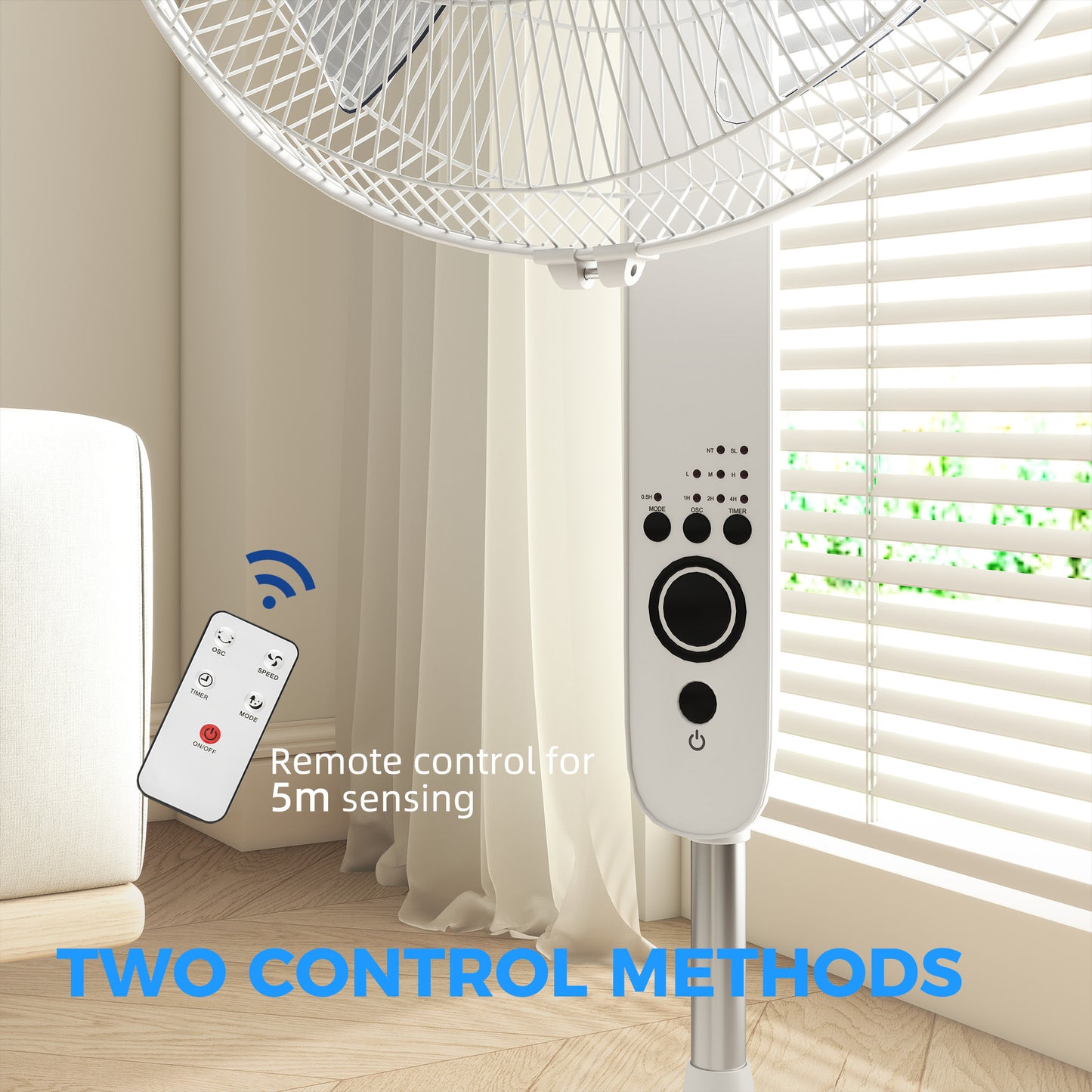 HOMCOM 18 Inch Pedestal Fan Sleep Mode Remote Control Oscillating Standing Fan 3 Speeds Adjustable Height White