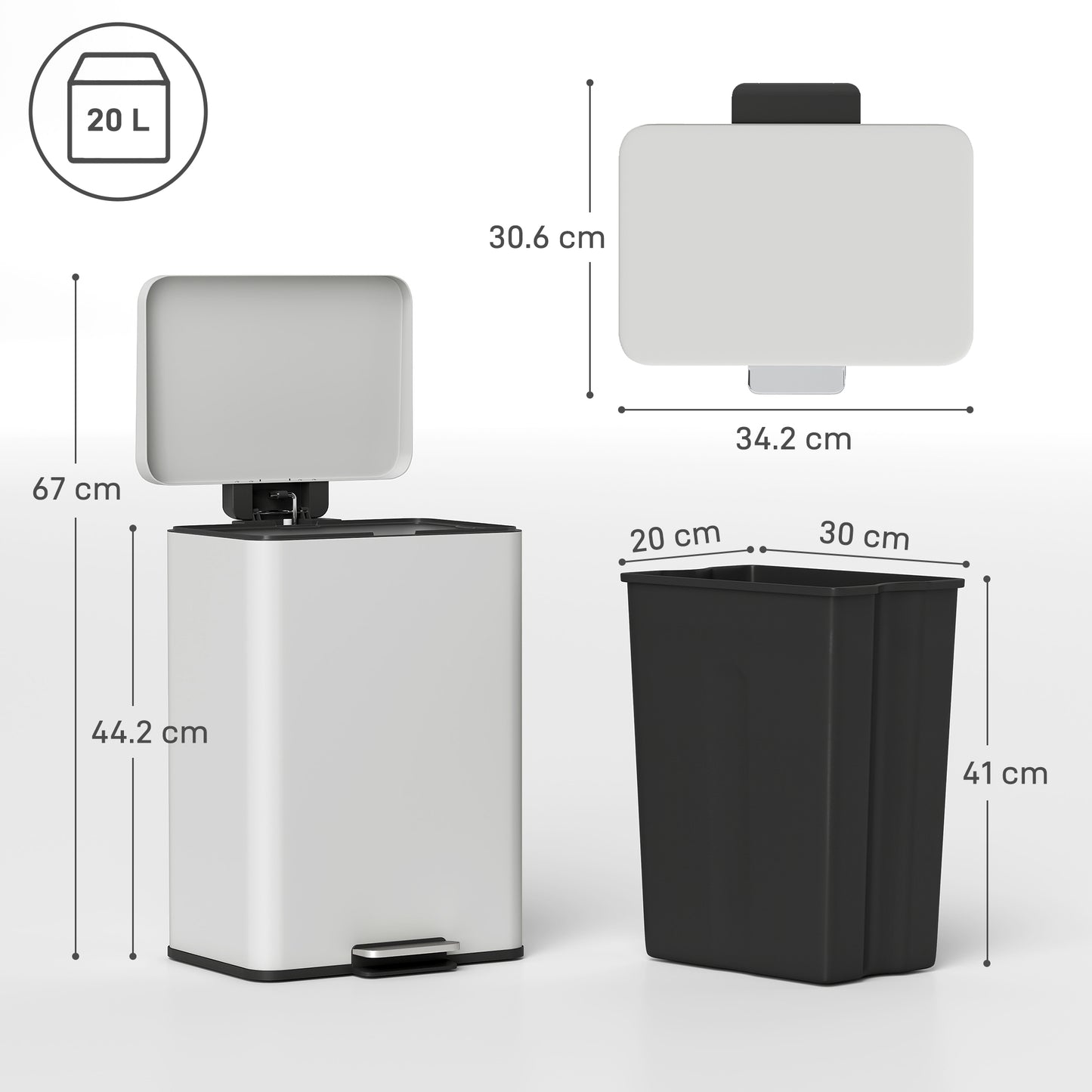HOMCOM 20L Kitchen Bin With Soft Close Lid Stay Open Function Removable Inner Bucket Cream