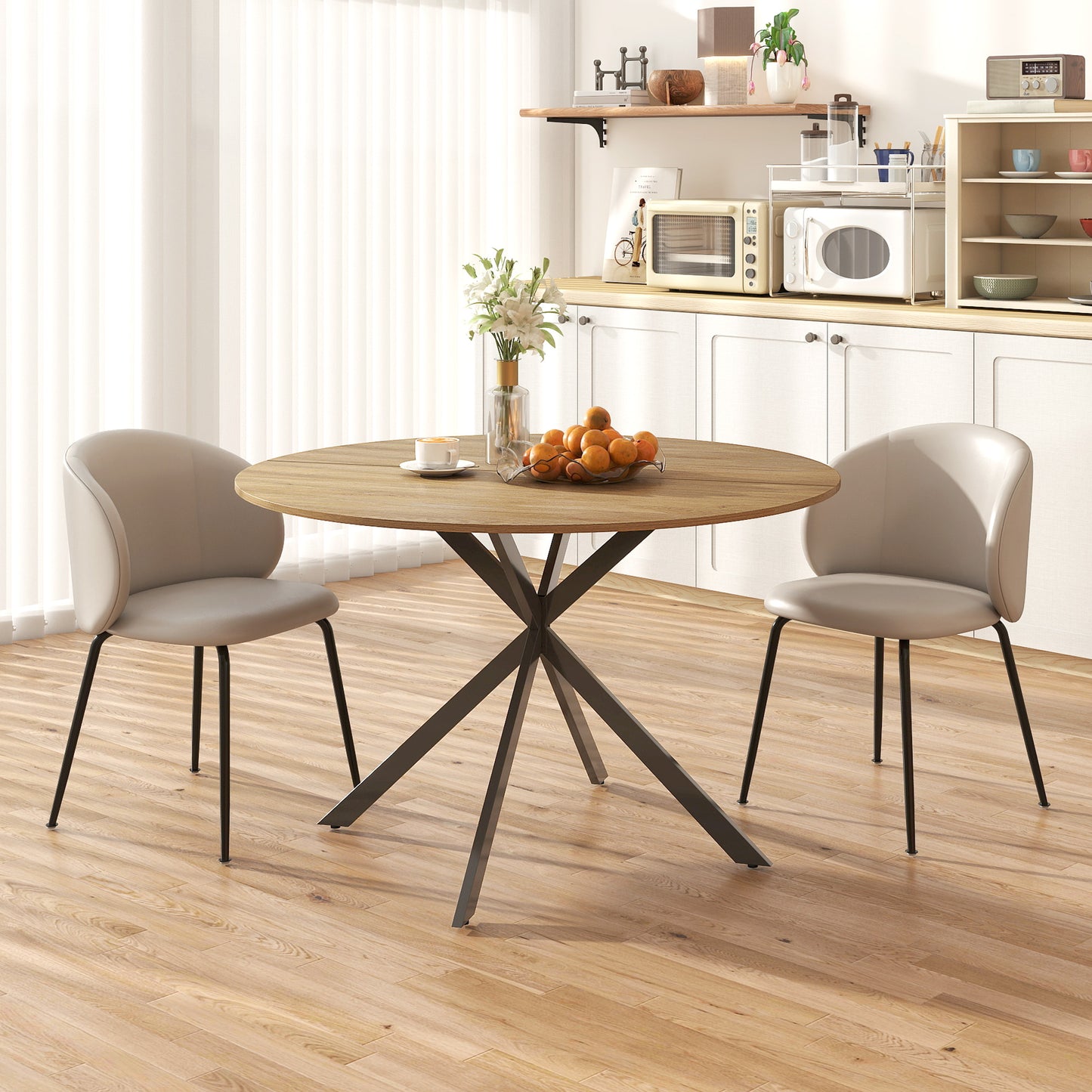 HOMCOM Dining Table For 4, 120 Cm Round Industrial Kitchen Table With Wood Effect Top And Steel Legs, Oak