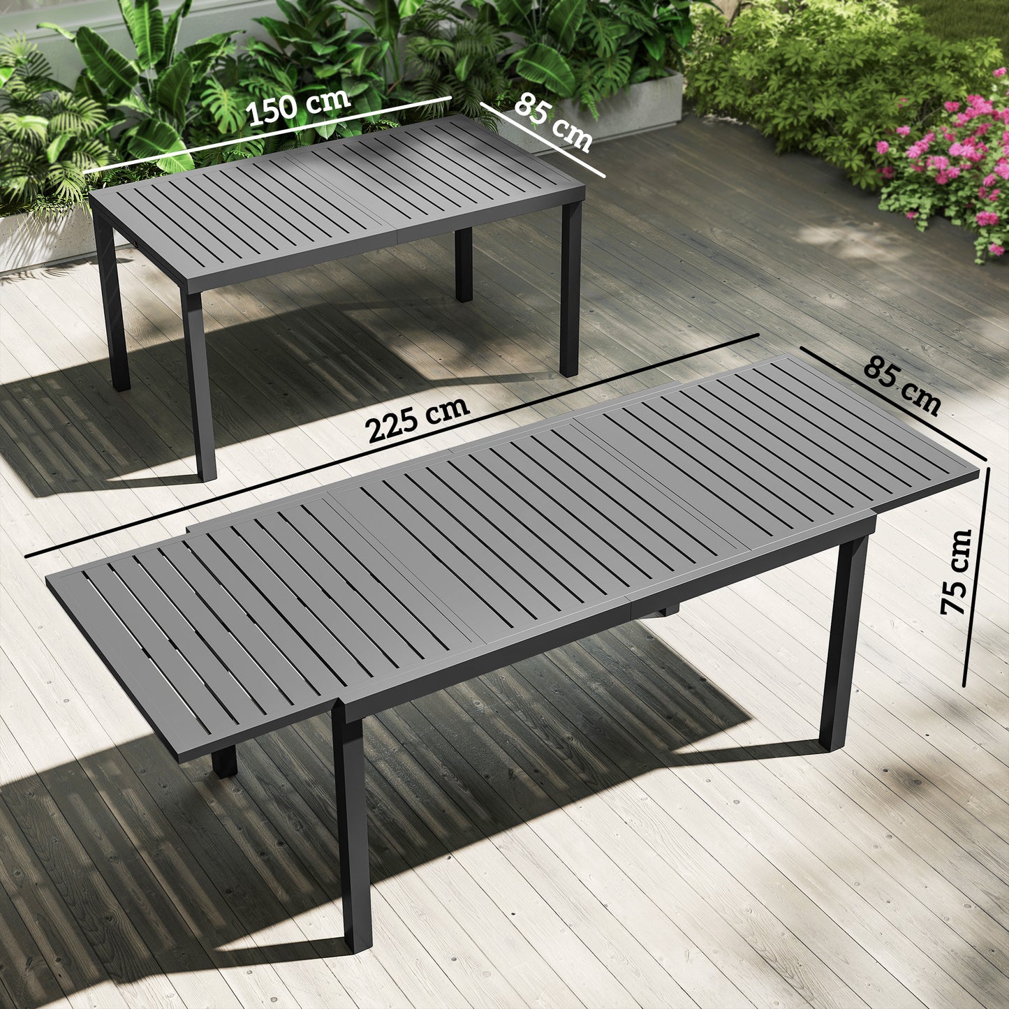 Outsunny Extending Aluminium Outdoor Dining Table For 6 To 8 People With Slatted Top Dark Grey