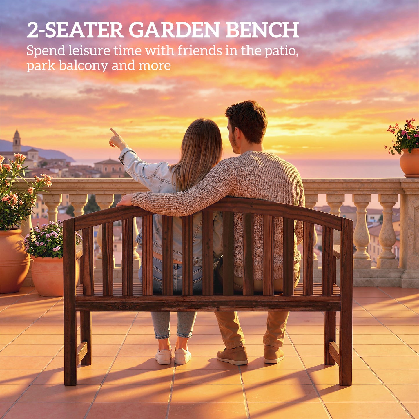 Outsunny Two Seater Wooden Garden Bench With Armrests For Outdoor Patio Park Balcony Carbonised Finish