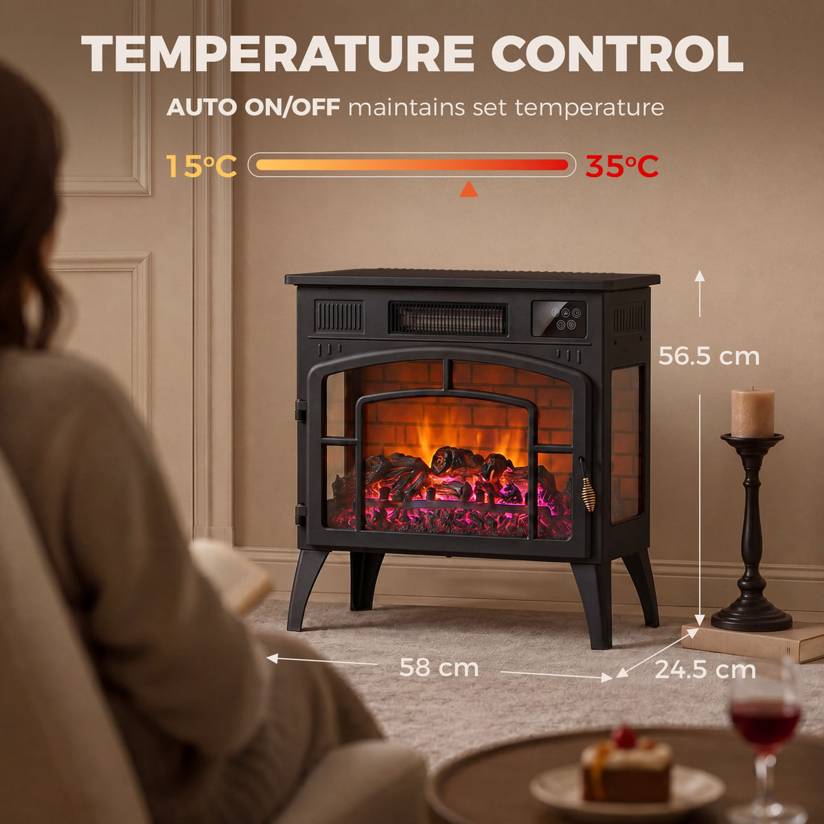 Black electric fireplace stove with three-sided glass, top control panel, and flame
