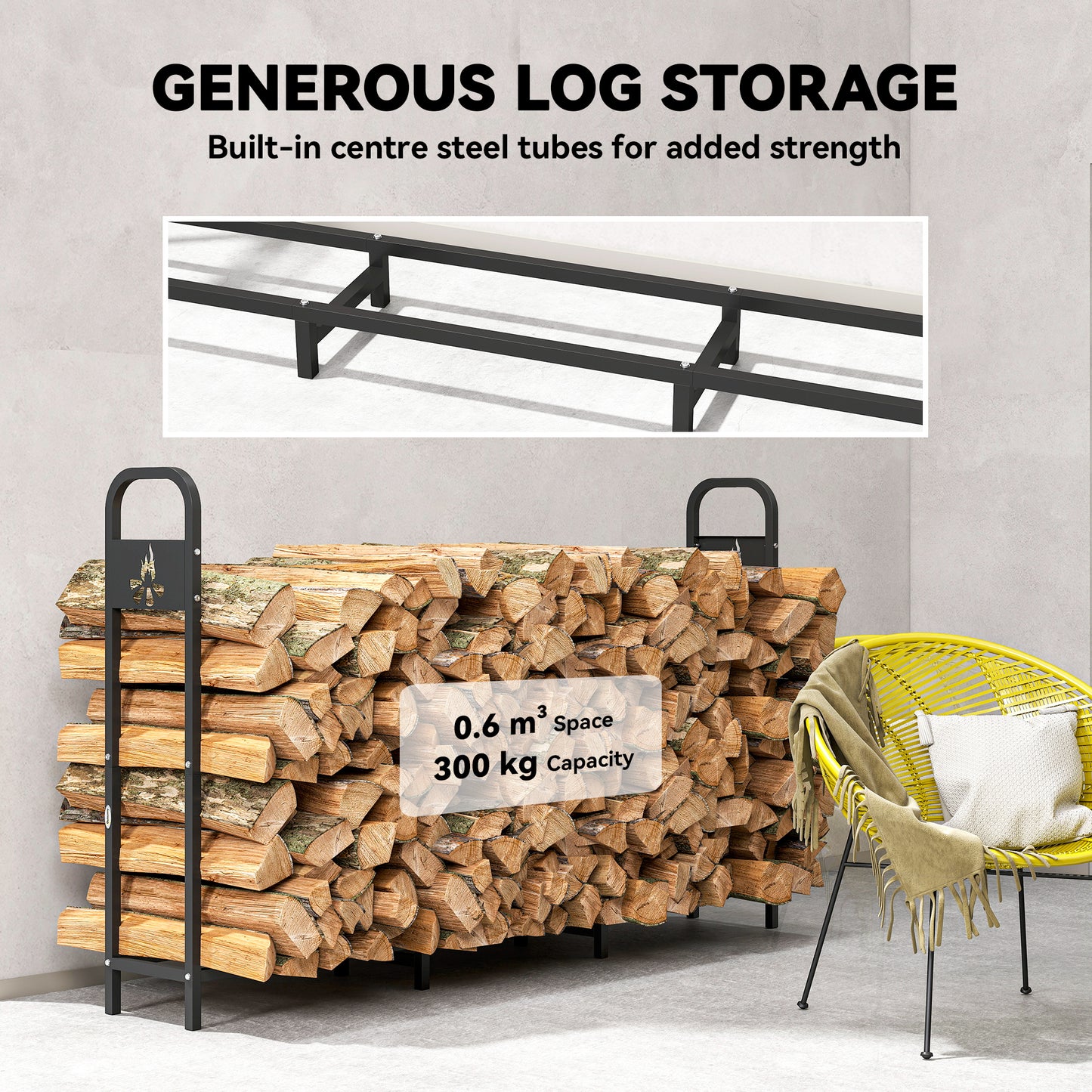 Outsunny 6.5 Ft Steel Firewood Log Rack 300 Kg Capacity Heavy Duty Indoor Outdoor Wood Storage Shelf Black