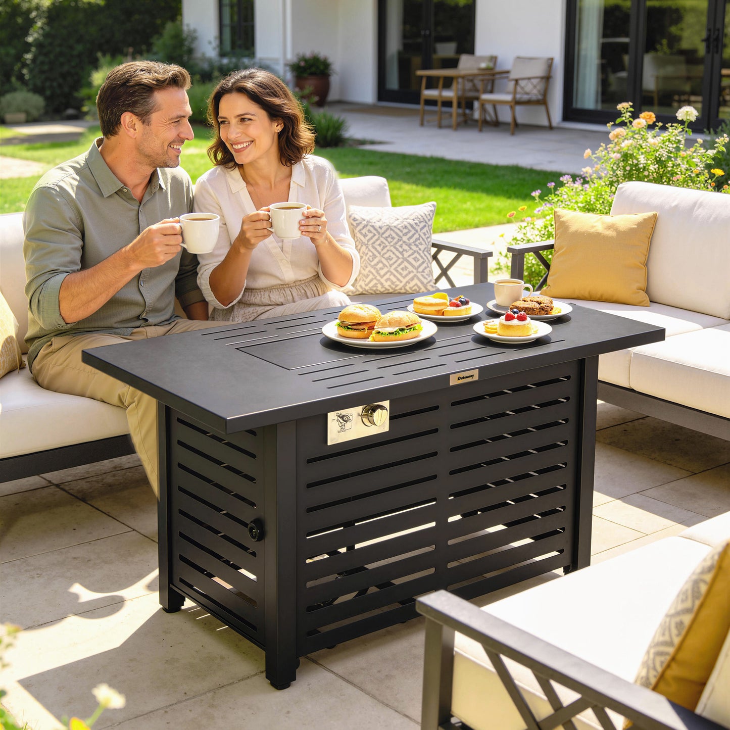 Outsunny 50,000 BTU Propane Gas Fire Pit Table With 43 Inch Steel Tabletop, Pulse Ignition