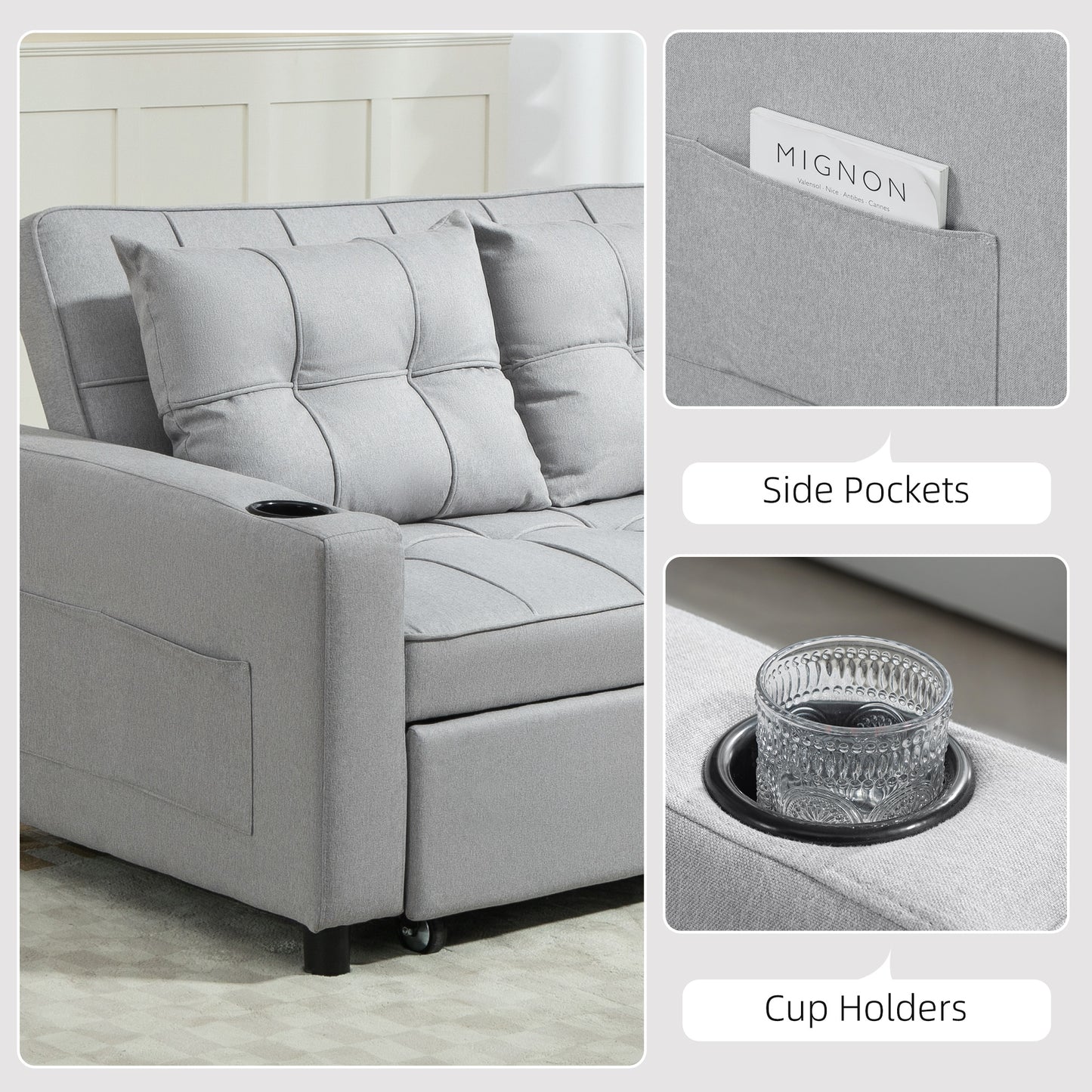 HOMCOM Two Seater Pull Out Sofa Bed Light Grey Click Clack With Three Level Adjustable Back Linen Look Upholstery