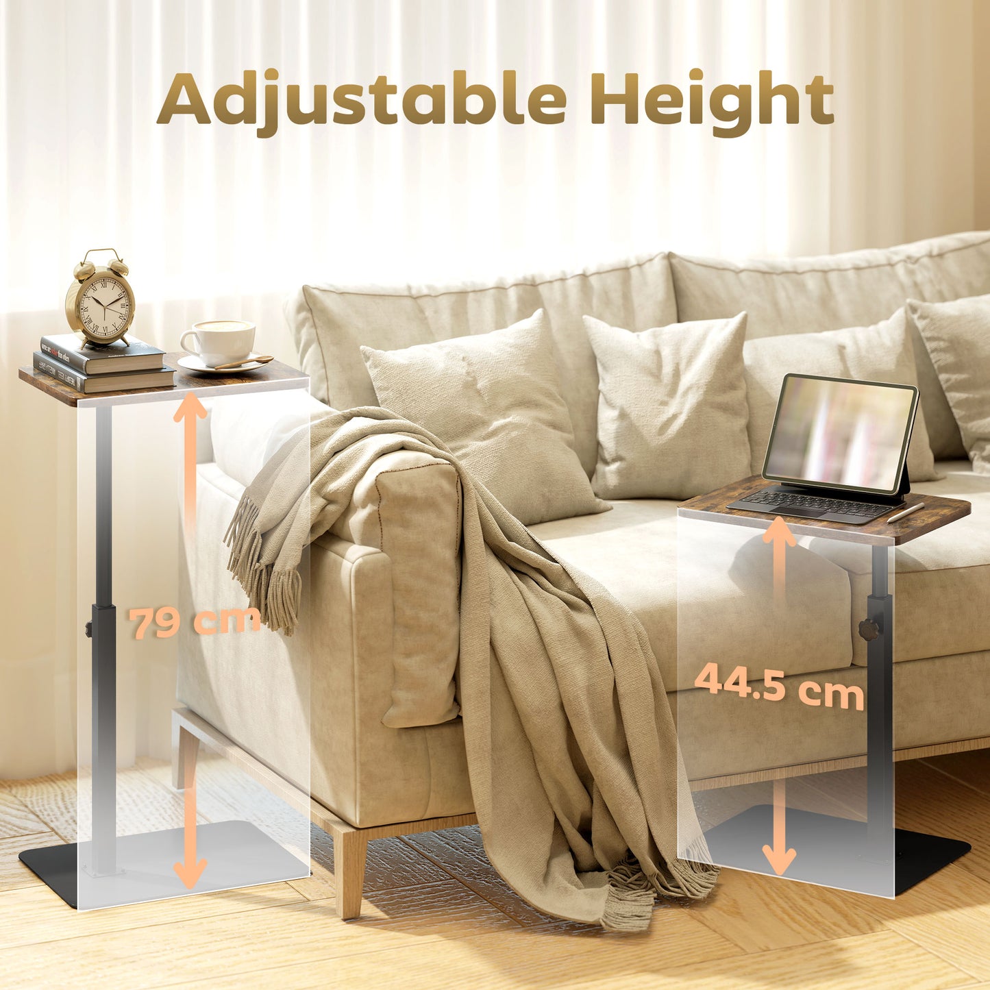 HOMCOM C Shaped End Table With Adjustable Height And Metal Base For Living Room Bedroom Rustic Brown