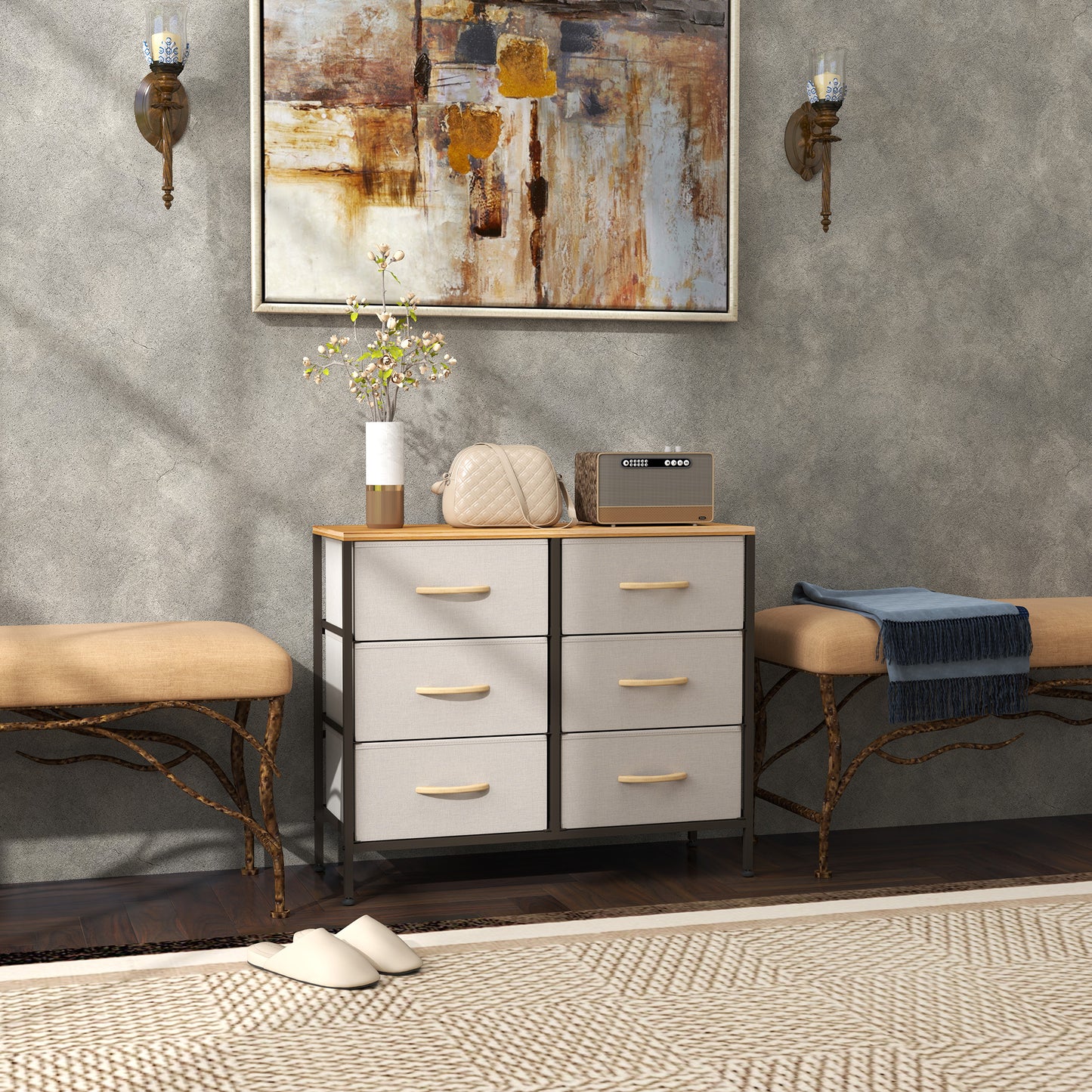 HOMCOM Fabric Chest With 6 Drawers Steel Frame Wooden Top Cream White For Nursery Living Room Hallway
