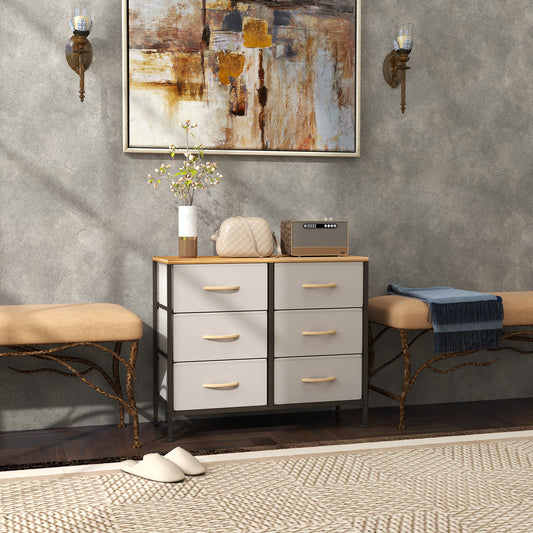HOMCOM Fabric Chest With 6 Drawers Steel Frame Wooden Top Cream White For Nursery Living Room Hallway