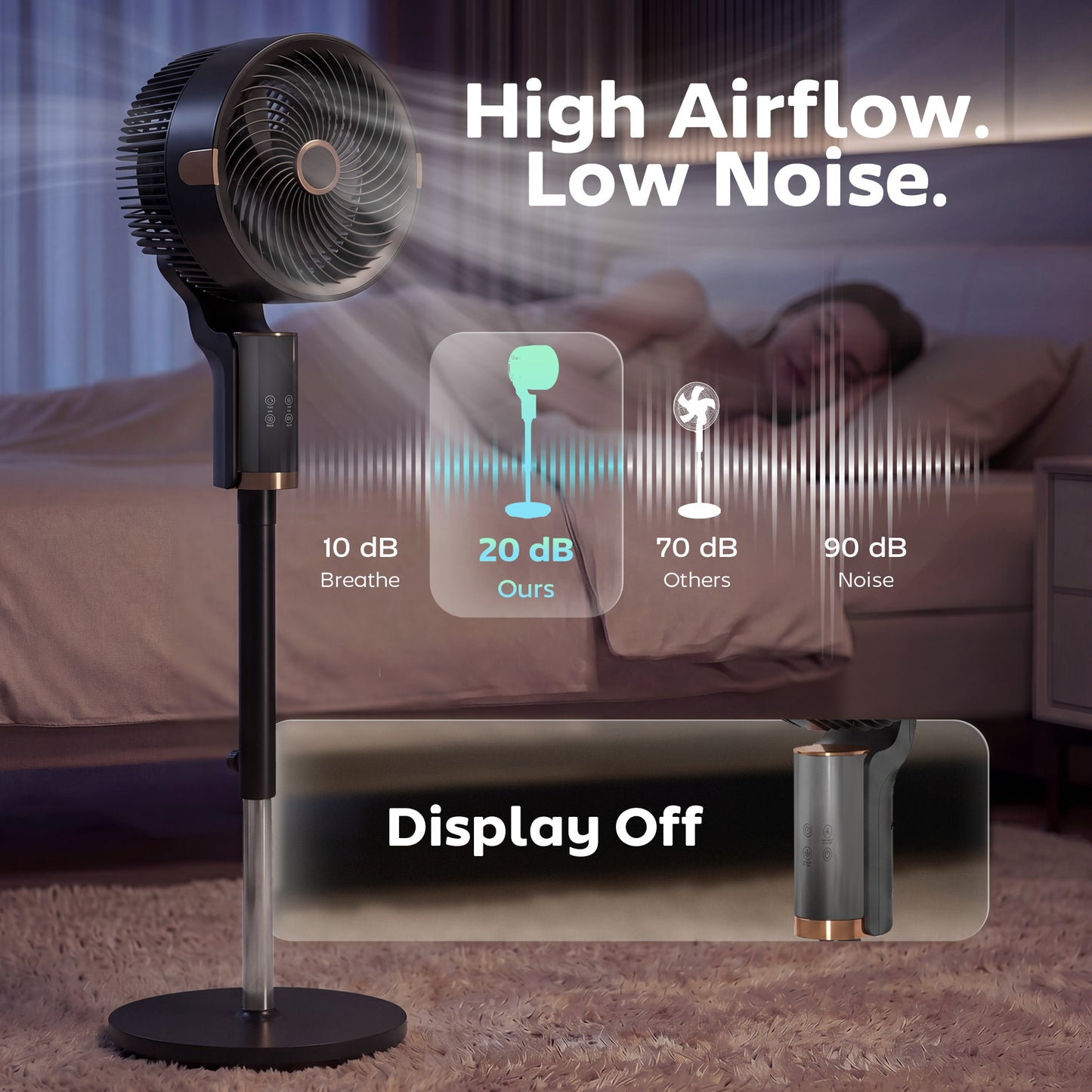HOMCOM 20 dB Silent Standing Fan For Bedroom 44 Inch Pedestal With 90 Degree Oscillation 8 Speeds Led Light Black