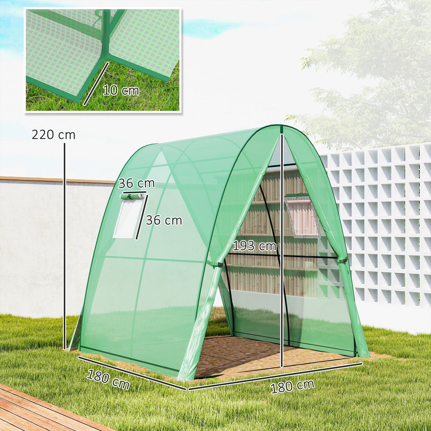Outsunny Polytunnel Greenhouse 1.8m By 1.8m By 2m Walk In With 2 Doors Screen Windows Sandbag Weights Green