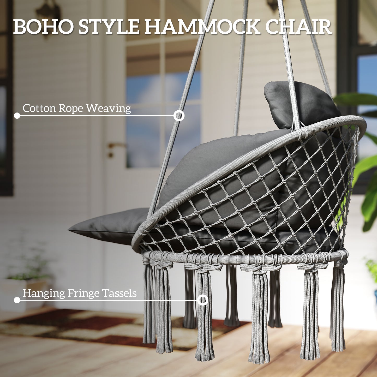 Outsunny Outdoor Hanging Chair Hammock With Soft Cushion Cotton Rope Boho Style Swing Chair Dark Grey
