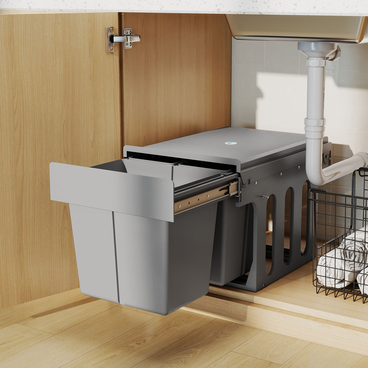 HOMCOM Pull Out Under Sink Bin 31L With 3 Compartments For 400mm Cabinets
