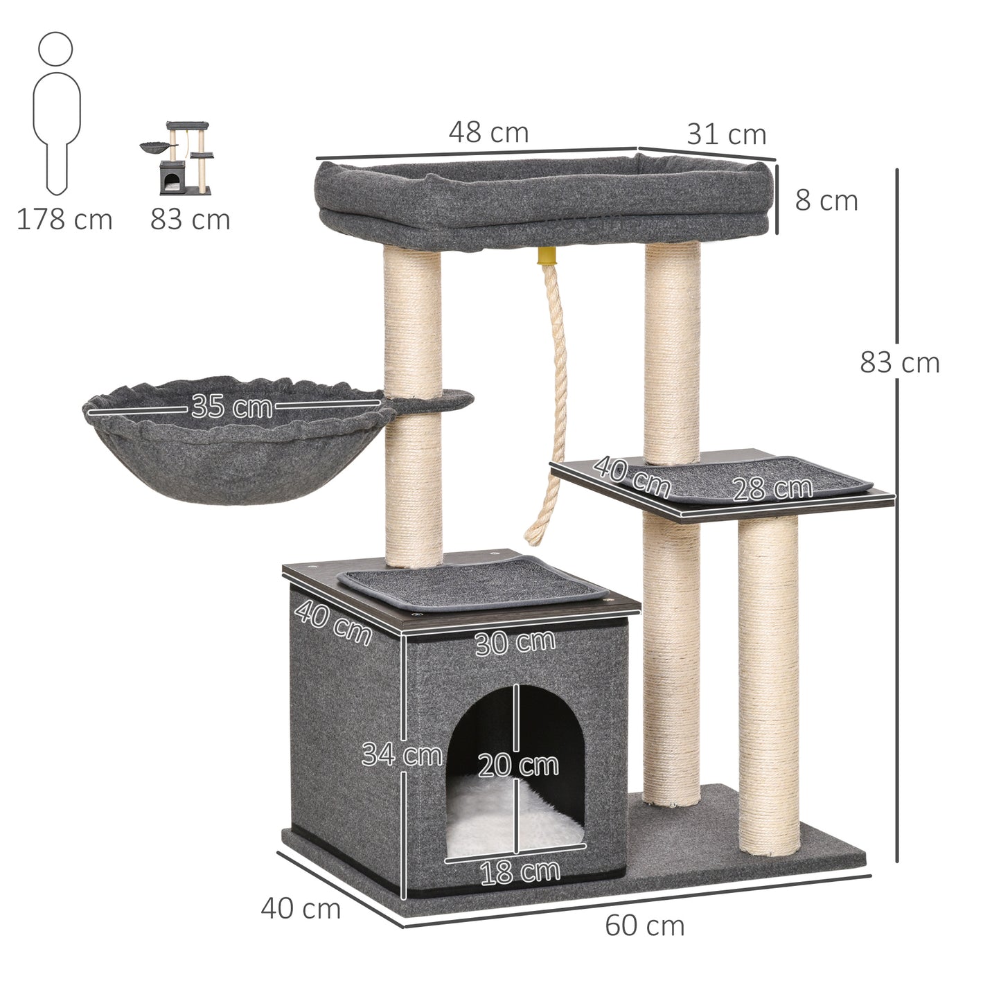 PawHut Indoor Cat Tower Activity Center with Scratching Post, Condo, and Perches - Dark Grey 60 x 40 x 83cm - ALL4U RETAILER LTD